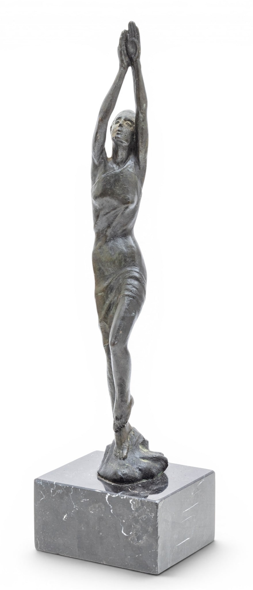 American Patinated Bronze Sculpture of a Water Sprite, 20th C., H 17.25" W 2.75" Depth 3": American Patinated Bronze Sculpture of a Water Sprite, 20th C., H 17.25" W 2.75" Depth 3" Unsigned. Bronze sculpture with a dark brown patina. Depicting a woman with arms stretched above her, standing