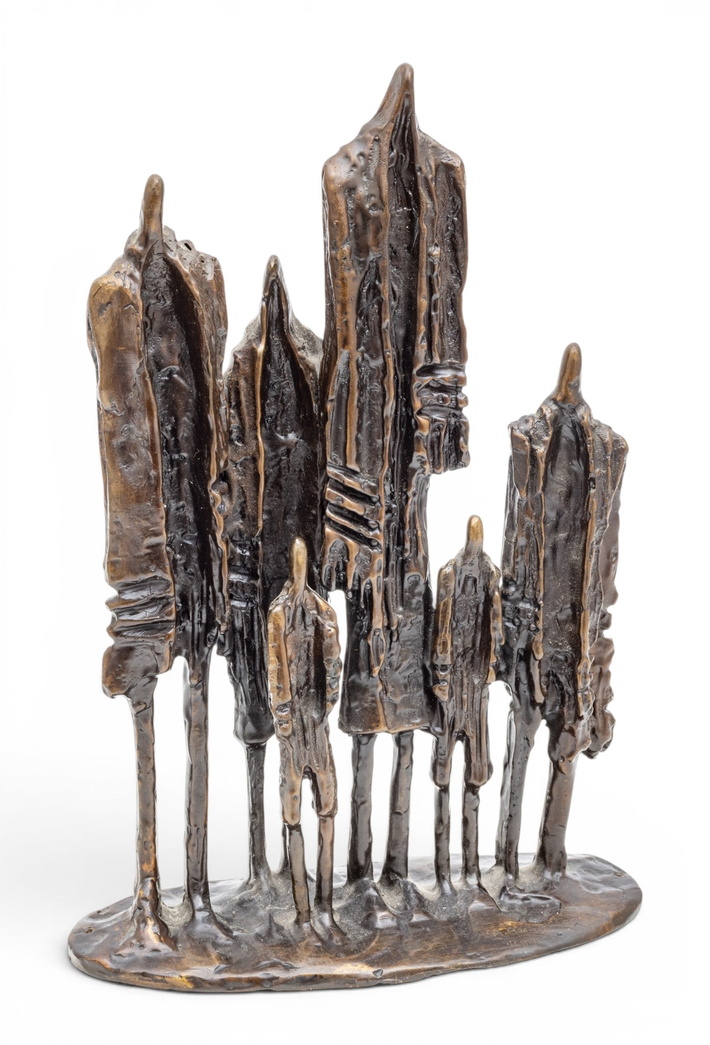 Aharone Bezalel (Afghani/Israeli, 1926-2012) Bronze Sculpture of Six Standing Figures, 1989, H: Aharone Bezalel (Afghani/Israeli, 1926-2012) Bronze Sculpture of Six Standing Figures, 1989, H 10.25" W 7" Depth 2.75" Signed and dated at the base with an edition of 49/100. Having a dark brown patin