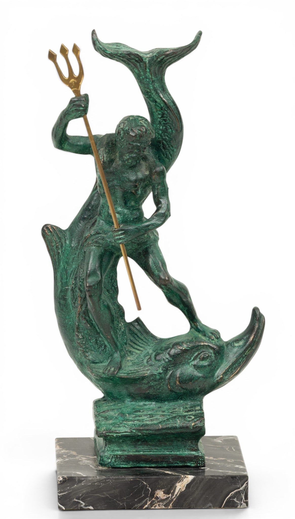 Italy Bronze-Clad Sculpture, Poseidon Atop a Dolphin, Ca. 1970, H 17" W 8" 1 PC: Italy Bronze-Clad Sculpture, Poseidon Atop a Dolphin, Ca. 1970, H 17" W 8" 1 PC Illegibly signed at the base. Made in Italy. Mounted on marble base. Green patina. Dimensions: H 17" W 8" 1 PC |Pl
