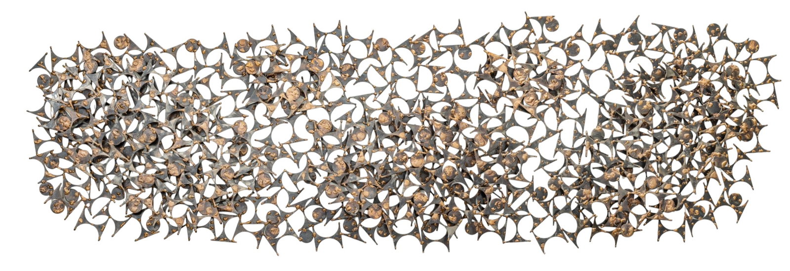 In the Manner of Marc Weinstein (American, B. 1957) Metal and Copper Sculpture, Ca. 1970's, H 17" W: In the Manner of Marc Weinstein (American, B. 1957) Metal and Copper Sculpture, Ca. 1970's, H 17" W 61" Brutalist style, composed of geometric hourglass shaped pieces. No apparent signature. Dim