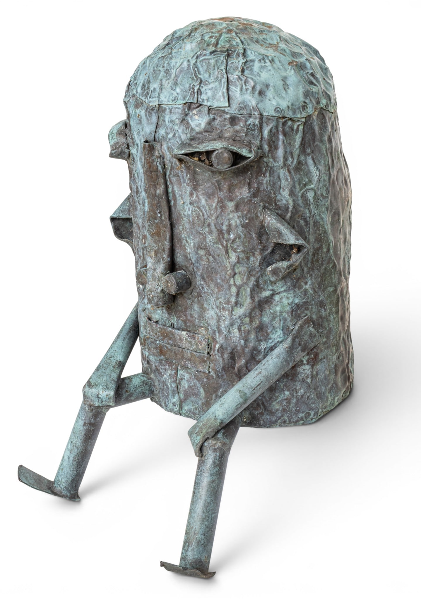 Peter Otfinoski (American, B. 1951) Patinated Copper Sculpture, 'Humpty Dumpty', H 24" Dia. 9.5": Peter Otfinoski (American, B. 1951) Patinated Copper Sculpture, 'Humpty Dumpty', H 24" Dia. 9.5" In the form of a seated Humpty Dumpty. A series of hammered copper panels tack onto what is likely a so