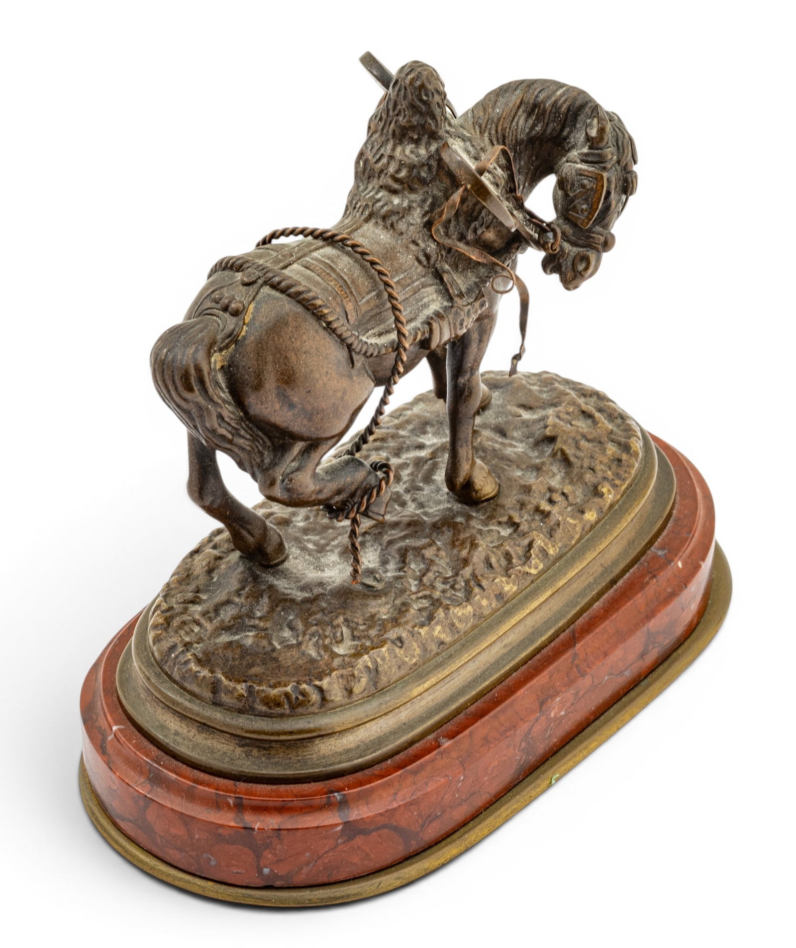 After Jean-François-Théodore Gechter (French, 1795-1844) Bronze Sculpture, Ca. 1900-1910,: After Jean-François-Théodore Gechter (French, 1795-1844) Bronze Sculpture, Ca. 1900-1910, 'Draft Horse', H 4" W 2.5" L 5" Finely detailed bronze in Renaissance brown patina mounted on vieux 