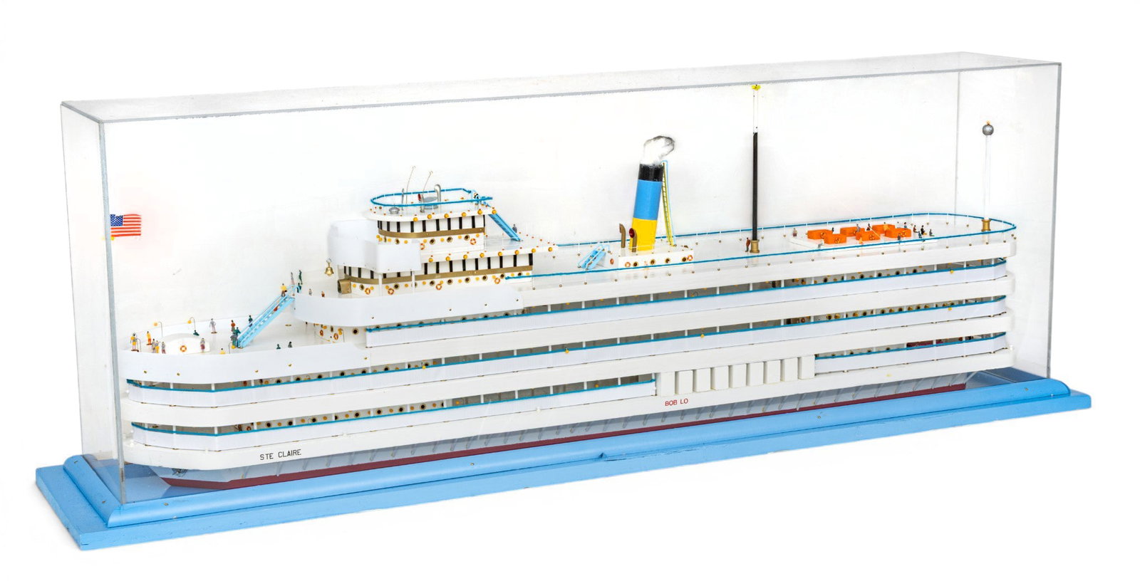 Ronnie M. Bonello, (American 20th/21st C.) Hand Painted Wood Model Boblo Boat, the SS "St Clair" L: Ronnie M. Bonello, (American 20th/21st C.) Hand Painted Wood Model Boblo Boat, the SS "St Clair" L 37" In plexiglass case. The Ste. Claire, a propeller-driven excursion steamer, was launched May 