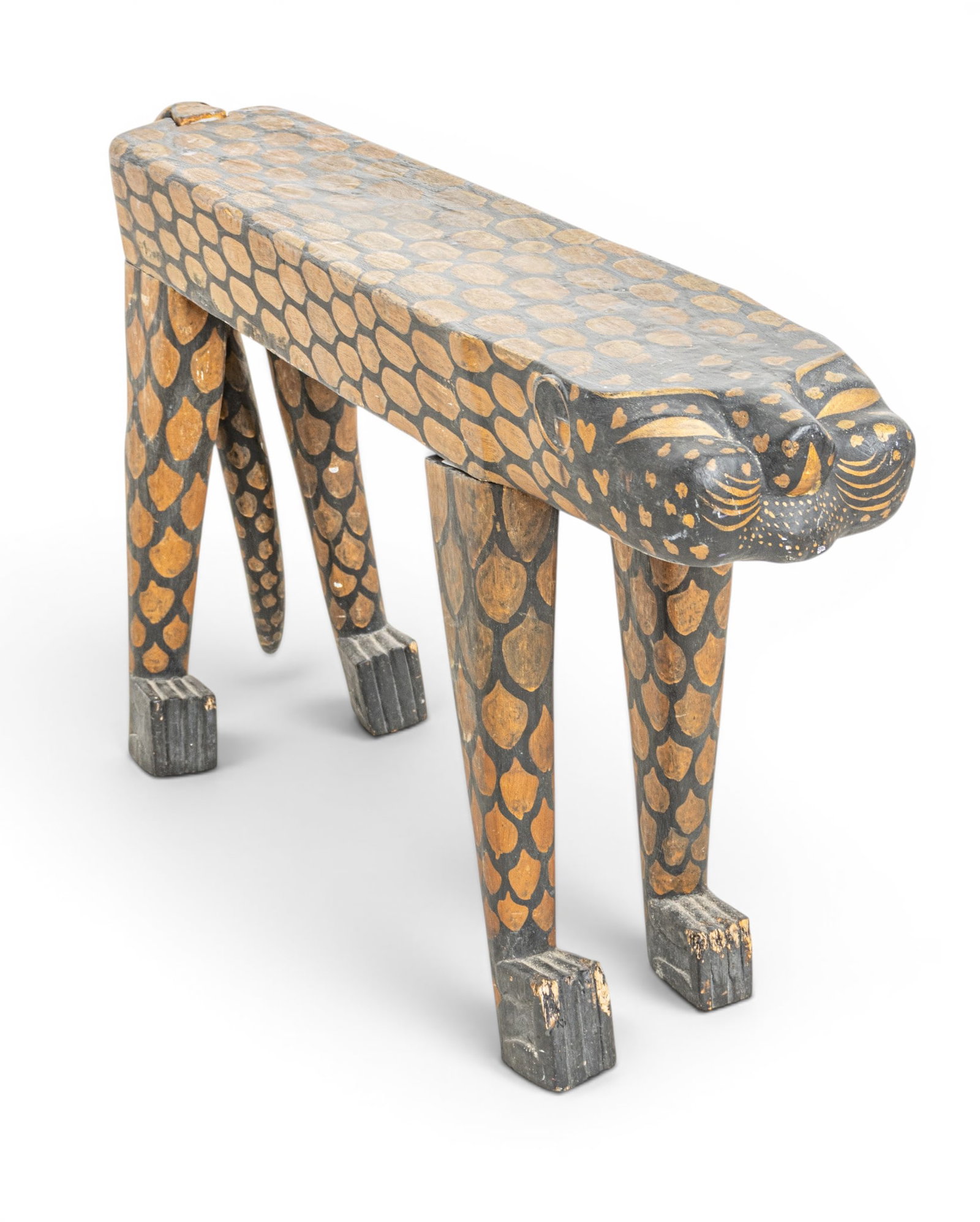 Folk Art Painted Carved Wood Cat Formed Bench H 20" W 7" L 41" (1 of 11)