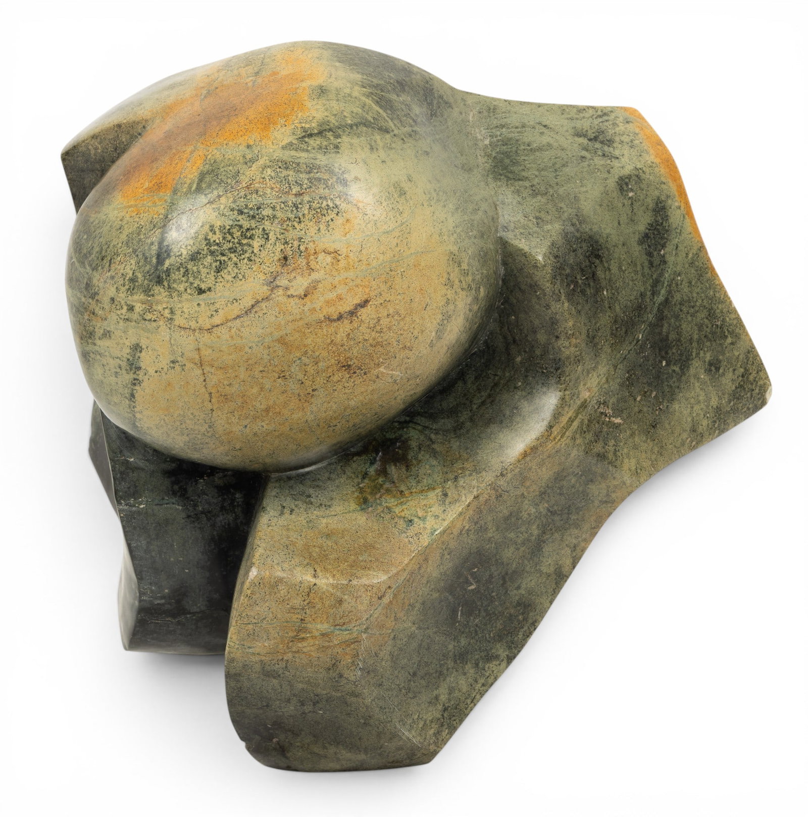 Tawanda Makore (Zimbabwe, B. 1979) Serpentine Stone Shona Sculpture, H 15" W 17" Depth 13": Tawanda Makore (Zimbabwe, B. 1979) Serpentine Stone Shona Sculpture, H 15" W 17" Depth 13" Signed Makore at the base. Abstract geometric form. Dimensions: H 15" W 17" Depth 13" |Please note this