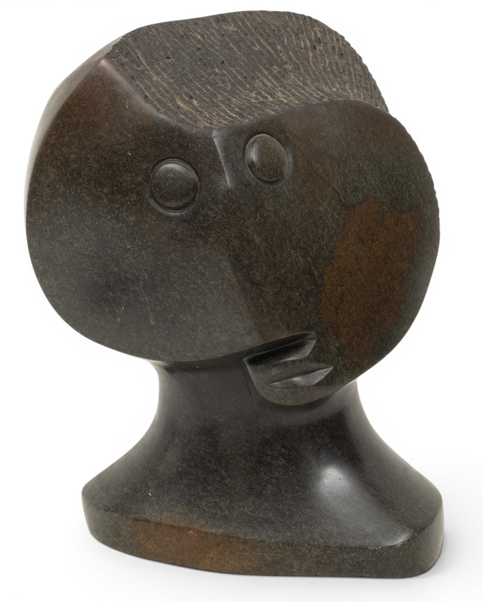 Damien Manuhwa (Zimbabwe, B. 1952) Shona Sculpture, Human Bust, 'Thoughtful Woman', H 14.25" W 11": Damien Manuhwa (Zimbabwe, B. 1952) Shona Sculpture, Human Bust, 'Thoughtful Woman', H 14.25" W 11" Depth 11" Signed at the base. Carved stone in the form of a human bust. Dimensions: H 14.25" W 