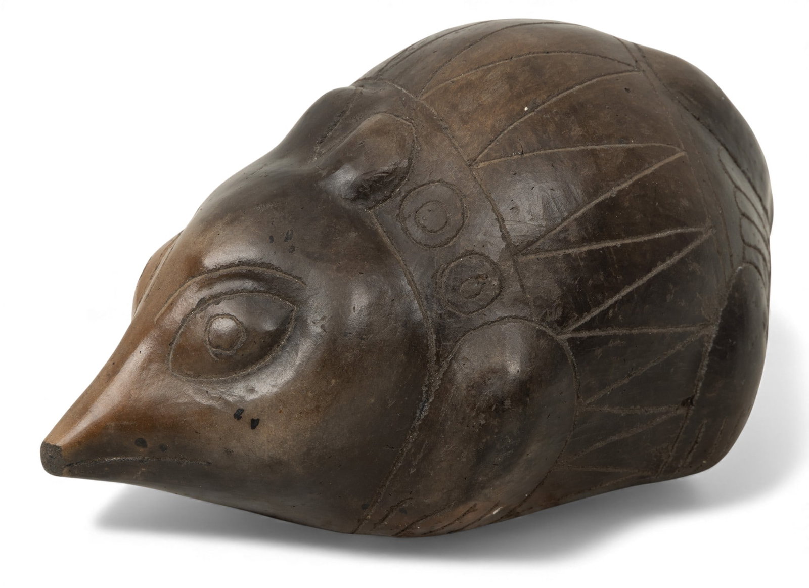 Mexican Sculpted Clay Tlacuache Figure, Ca. Mid 20th C., H 3.5" W 4" L 7": Mexican Sculpted Clay Tlacuache Figure, Ca. Mid 20th C., H 3.5" W 4" L 7" Unsigned. A charming clay figure of a recumbent tlacuache (possum) in black and brown tones. Incised facial features and 