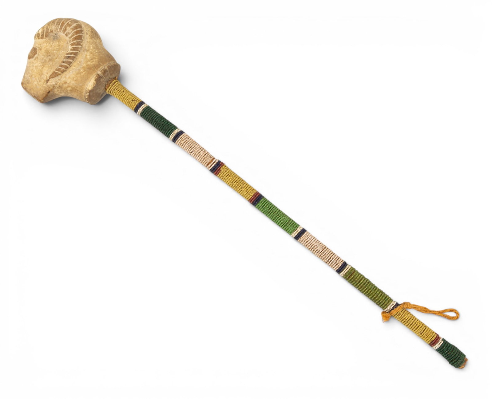 Native American, Plains Region, Carved Stone, Beadwork, and Wood War Club H 20.25" W 2" L 3.5" (1 of 3)