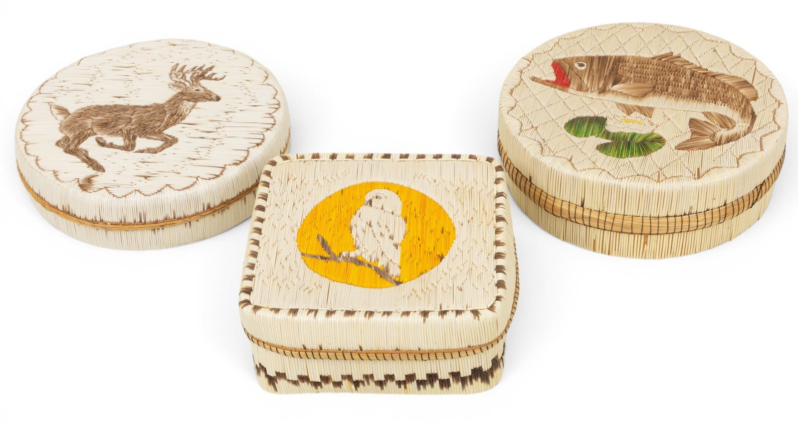 Native American (Navajo Culture) Lidded Porcupine Quill Boxes 3 PCS (1 of 3)