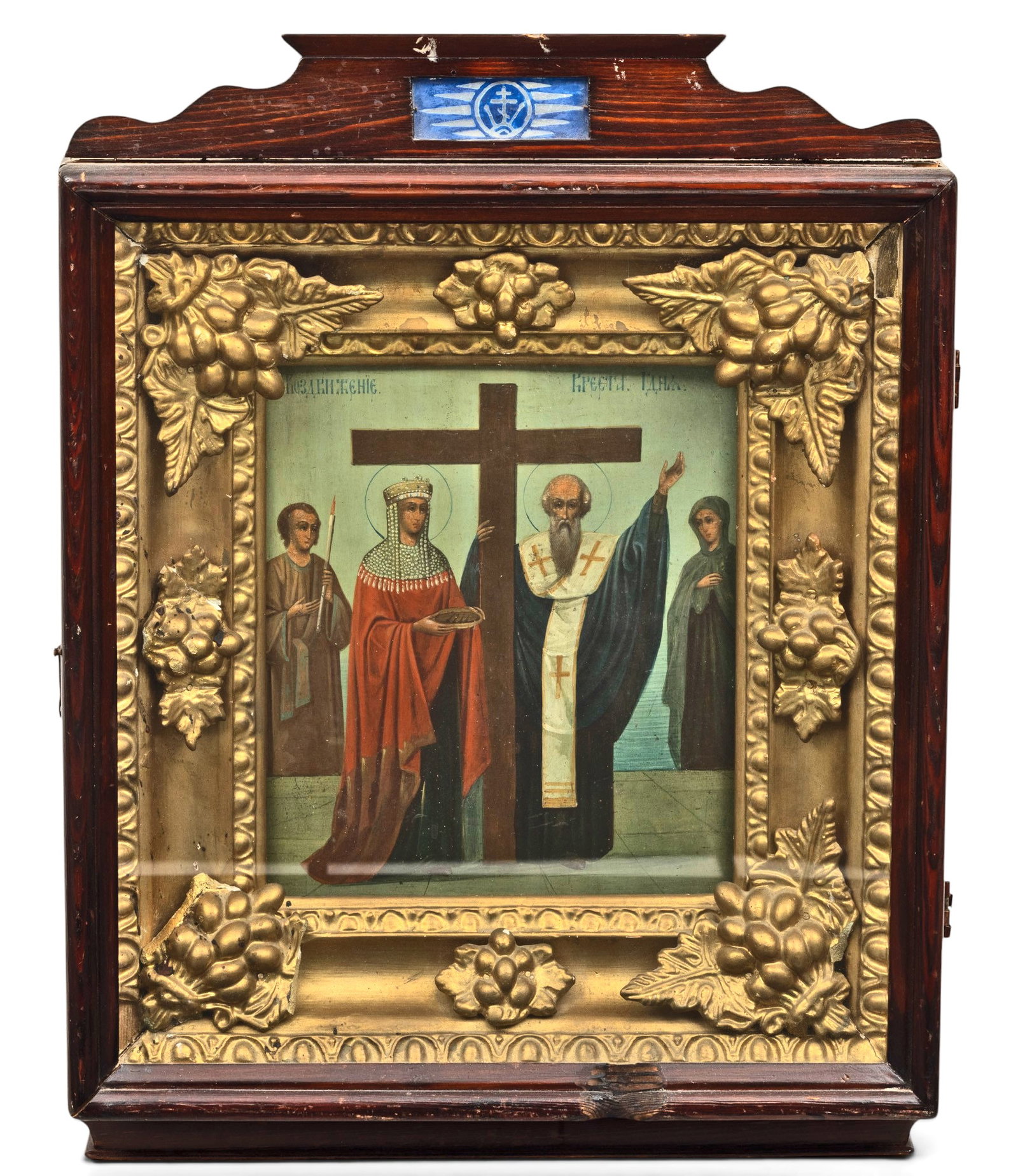 Russian Tempera on Panel Icon, Ca. 19th/early 20th C., 'Elevation of the Holy Cross', H 12.25" W (1 of 6)