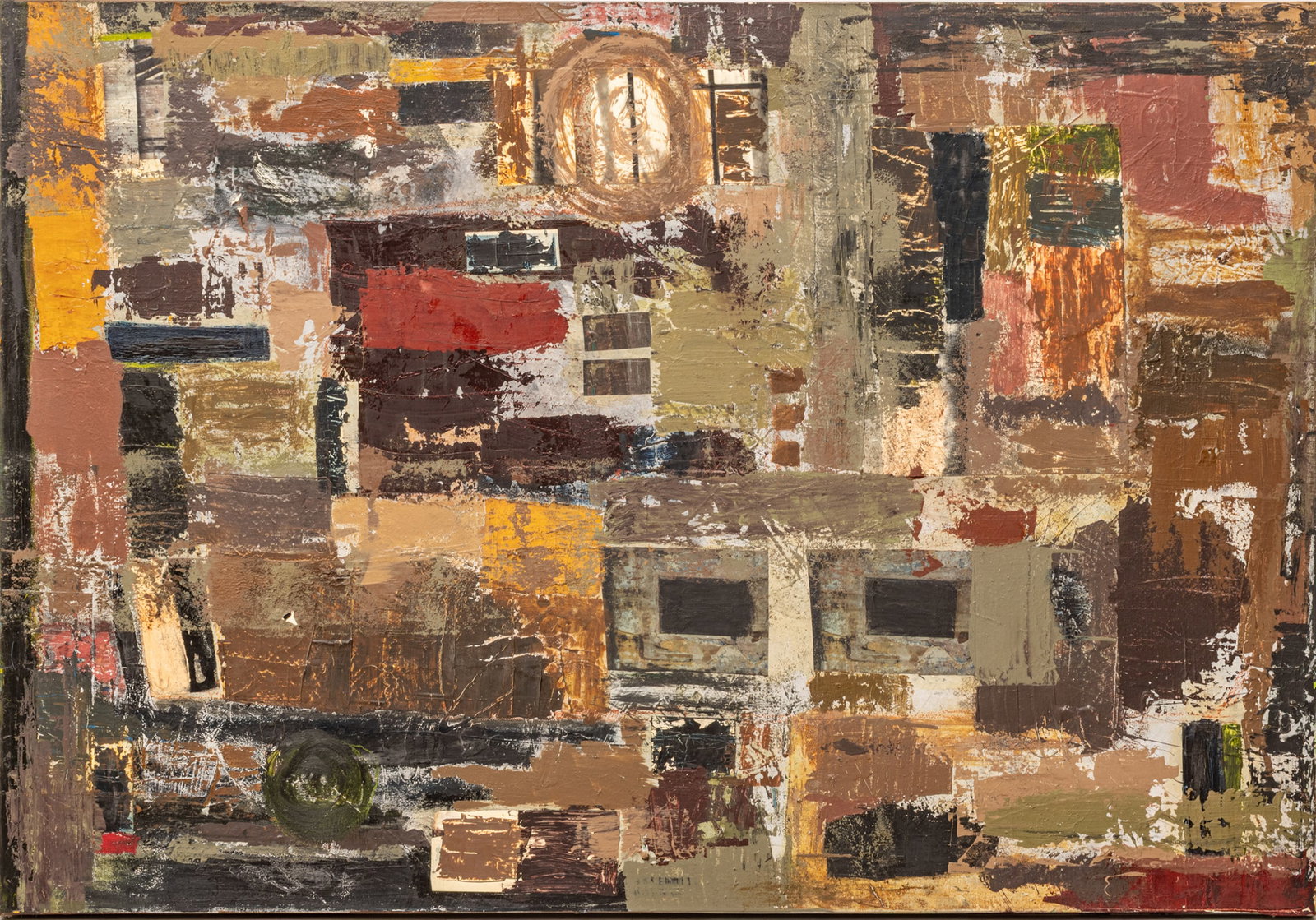 Mid Century Oil on Canvas with Collage, Abstract, Ca. 1960s, H 67.5" W 46" (1 of 5)