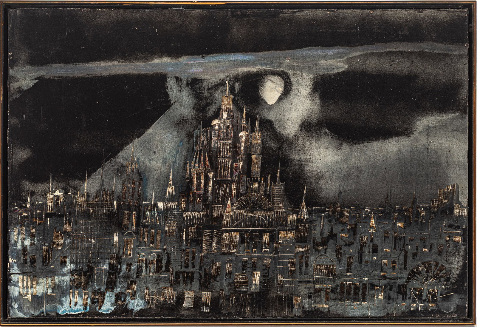 American Mid Century Oil on Canvas, Cityscape, H 24" W 36": American Mid Century Oil on Canvas, Cityscape, H 24" W 36" Unsigned. City skyline under moonlight. Having a thin wooden frame. Provenance: From the Collection of Frech F. Sutherland Royal Oak, M