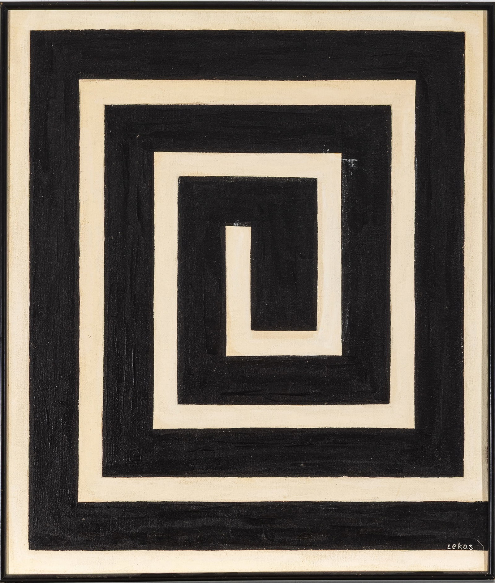 Lekas, Oil on Canvas, 1970, 'Greek Key', H 27" W 23": Lekas, Oil on Canvas, 1970, 'Greek Key', H 27" W 23" Signed Lekas lower right. Black Greek key on a white field. Hudson's label on verso. Framed. Provenance: From the Collection of Frech F. Sutherland