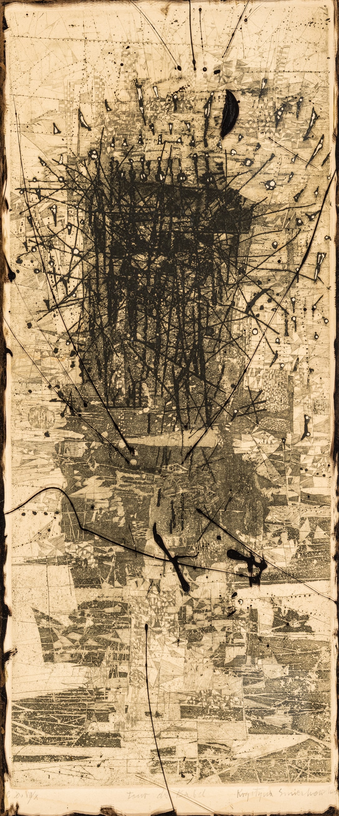 Krystyna Smiechowska (Polish, B. 1935) Intaglio Print on Paper, in Custom Framing, Ca. 1965, 'Tour: Krystyna Smiechowska (Polish, B. 1935) Intaglio Print on Paper, in Custom Framing, Ca. 1965, 'Tour De Babel', H 23" W 9.5" Signed lower right, titled lower center, with an edition of VII/X lower left.