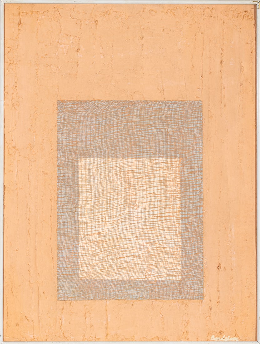American Mixed Media on Board, Later 20th C., H 17.5" W 23.5": American Mixed Media on Board, Later 20th C., H 17.5" W 23.5" Indiscernibly signed lower right. Thickly applied peach-tone oil surrounding squares of grey and white overlayed with painted threads. Hav