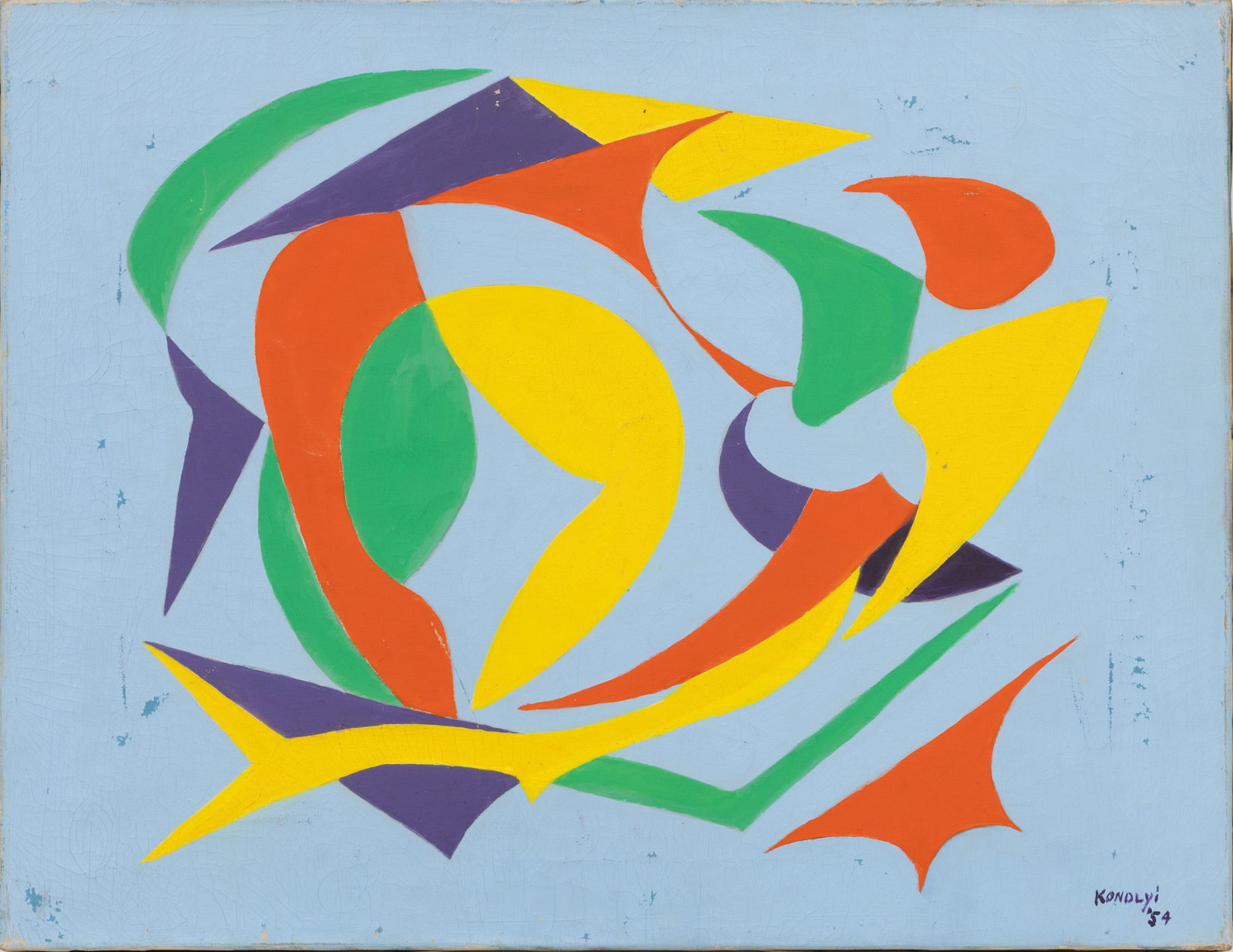 Manya Konolyi (American, 1883-1968) Oil on Canvas, Ca. 1954, 'Yellow Fish', H 20" W 25.5": Manya Konolyi (American, 1883-1968) Oil on Canvas, Ca. 1954, 'Yellow Fish', H 20" W 25.5" Signed and dated lower right. Depicting an abstract geometric composition in yellow, green, red, and blue on a