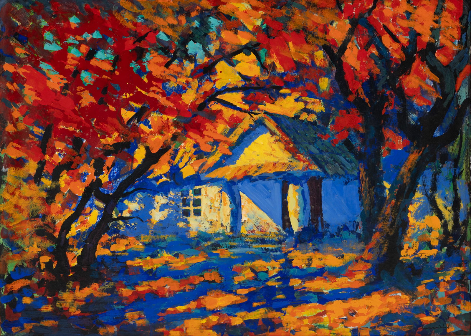 Eugene Chruscicki (Polish Canadian, 1914-1984) Oil on Board, 'Żelazowa Wola', H 25.75" W 35": Eugene Chruscicki (Polish Canadian, 1914-1984) Oil on Board, 'Żelazowa Wola', H 25.75" W 35" Signed lower right. Colorful autumn view of a sun dappled home nestled between trees in the village of