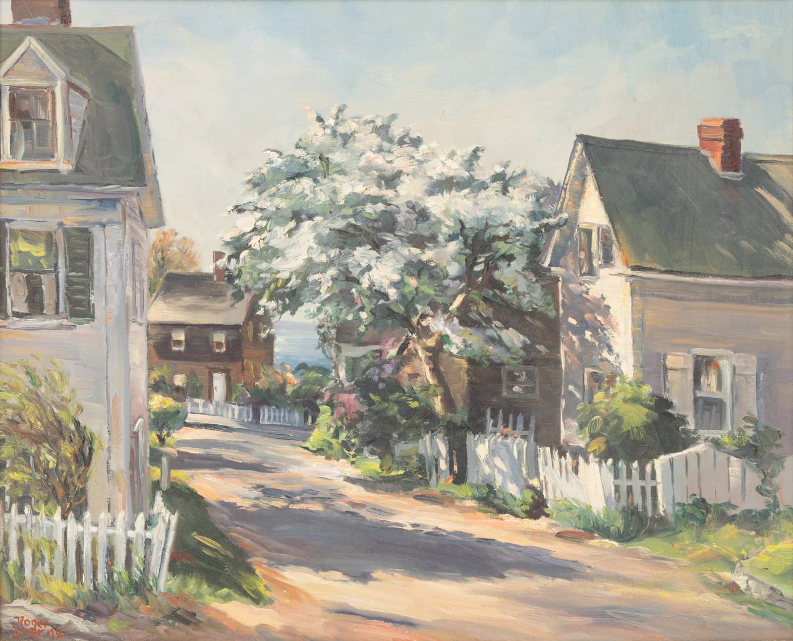 Roger Deering (American, 1904-1980) Oil on Canvas, 1960, 'New England Spring (Cape Ann, Mass.)', H: Roger Deering (American, 1904-1980) Oil on Canvas, 1960, 'New England Spring (Cape Ann, Mass.)', H 20" W 24" Signed lower left. Titled and dated on stretcher verso with an artist's ink stamp. Spring s