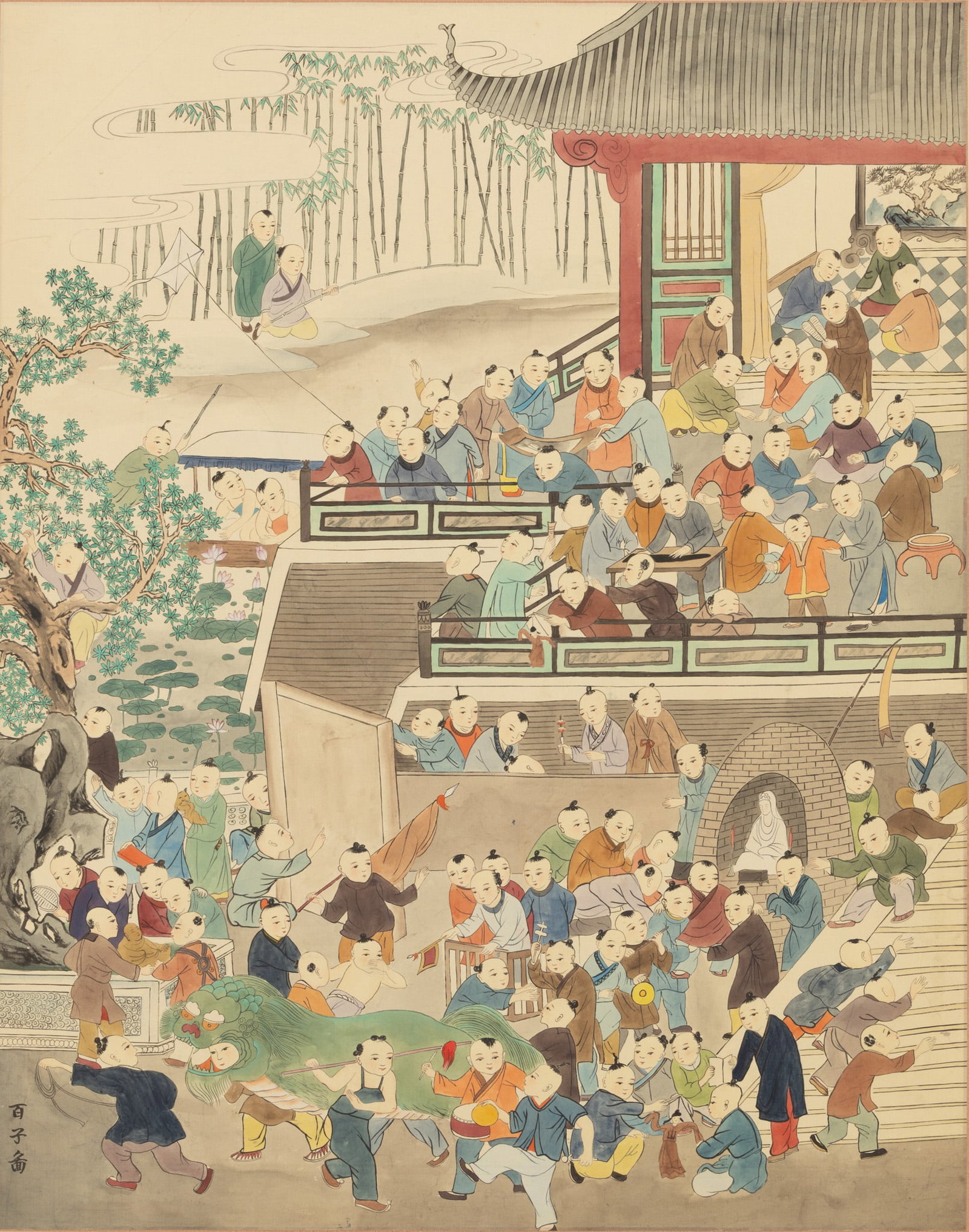 Chinese Gouache on Silk, 20th C., 'One Hundred Children at Play', H 46" W 38" Depth 1.5" (1 of 6)