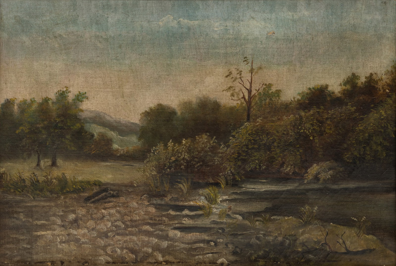 American Victorian Oil on Canvas 1860, 'Southern River Landscape', H 14" W 20": American Victorian Oil on Canvas 1860, 'Southern River Landscape', H 14" W 20" Depicting a rocky river with rolling hills in the background. Unsigned. Provenance: Property from the collection of