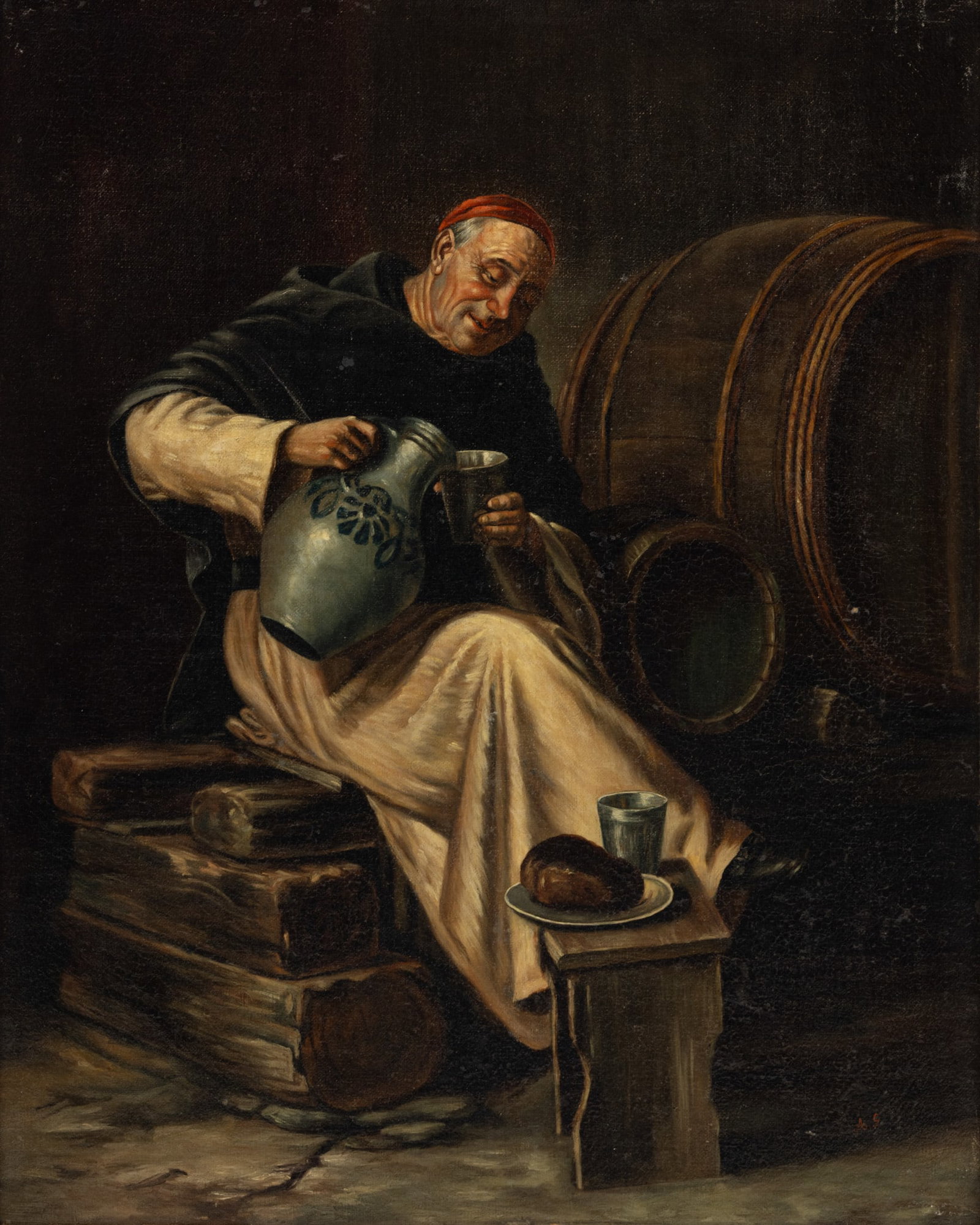 Alessandro Sani (Italian, 1856-1927) Oil on Canvas, Late 19th C., 'Cellar Refrreshment', H 20" W 16": Alessandro Sani (Italian, 1856-1927) Oil on Canvas, Late 19th C., 'Cellar Refrreshment', H 20" W 16" Monogrammed lower right. Depicting a monk seated next to a cask in a cellar, pouring himself a refr