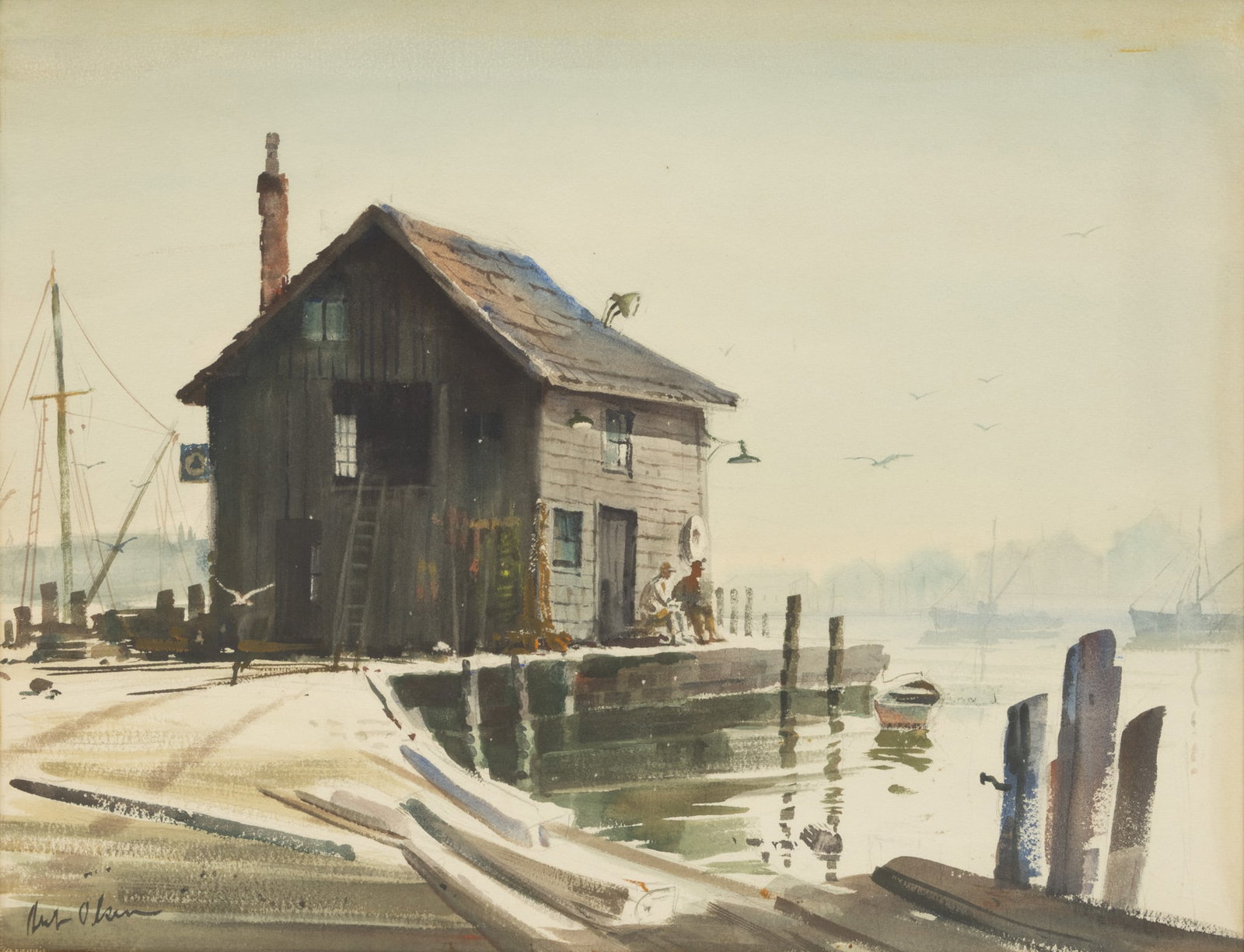Bill Olson (American, B. 1950) Watercolor on Paper 20th C., 'Warf', H 21.5" W 27.5": Bill Olson (American, B. 1950) Watercolor on Paper 20th C., 'Warf', H 21.5" W 27.5" Signed lower left. Provenance: Grosse Pointe Park, Michigan Collector Dimensions: H 21.5" W 27.5" Frame Size: H 28" 