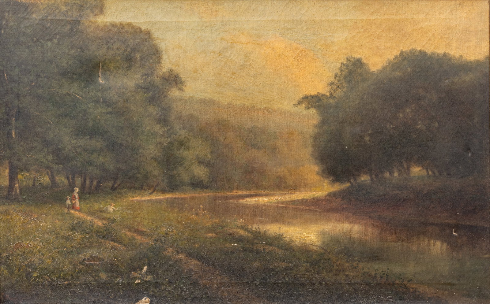 J. C. MacGregor (American, 19th C.) Oil on Canvas, Ca. 19th C., 'Riverscape with Figures', H 21'' W (1 of 10)
