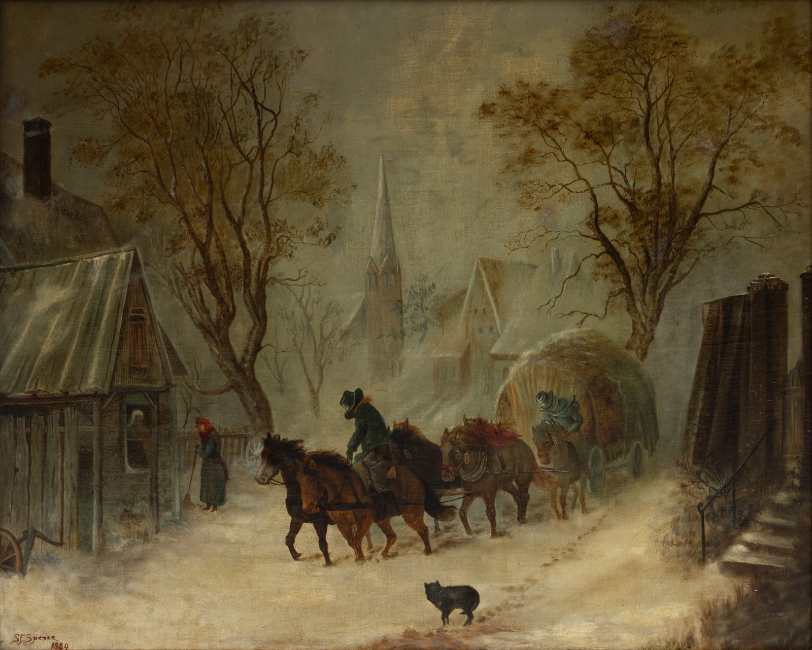 S. E. Spence, Oil on Canvas, 1884, 'Laden Wagon in a Driving Snow', H 21.75" W 28": S. E. Spence, Oil on Canvas, 1884, 'Laden Wagon in a Driving Snow', H 21.75" W 28" Signed S E Spence and dated 1884 lower left. After the German artist Hermann Kauffmann (1808-1889). Depicting a 