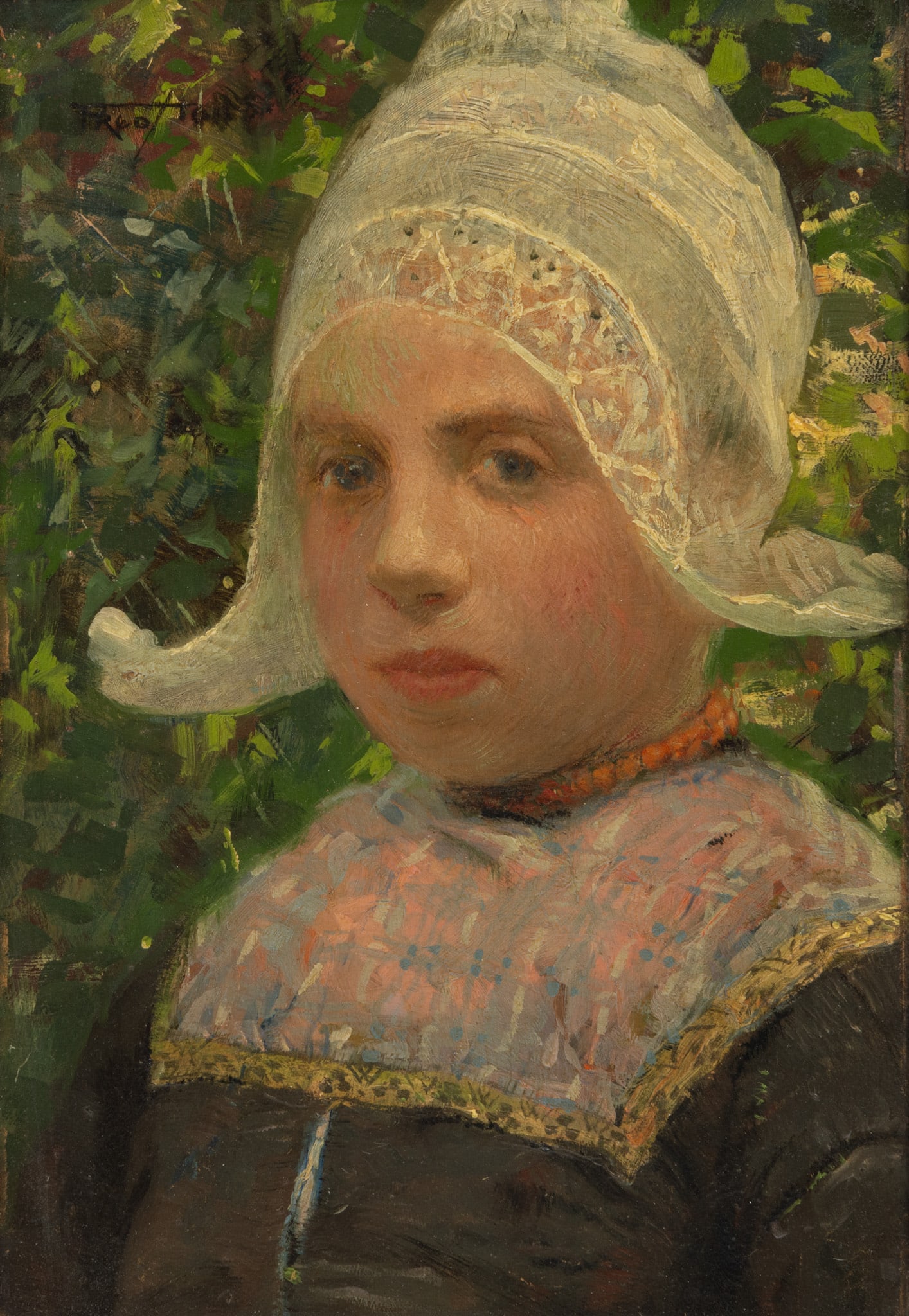 Frederick Hall (English, 1860-1948) Oil on Mahogany Panel, Ca. 1900, 'Dutch Girl', H 11.5" W 7.75": Frederick Hall (English, 1860-1948) Oil on Mahogany Panel, Ca. 1900, 'Dutch Girl', H 11.5" W 7.75" Signed upper left. Portrait of a young Dutch girl wearing a lace Volendam bonnet, coral necklace