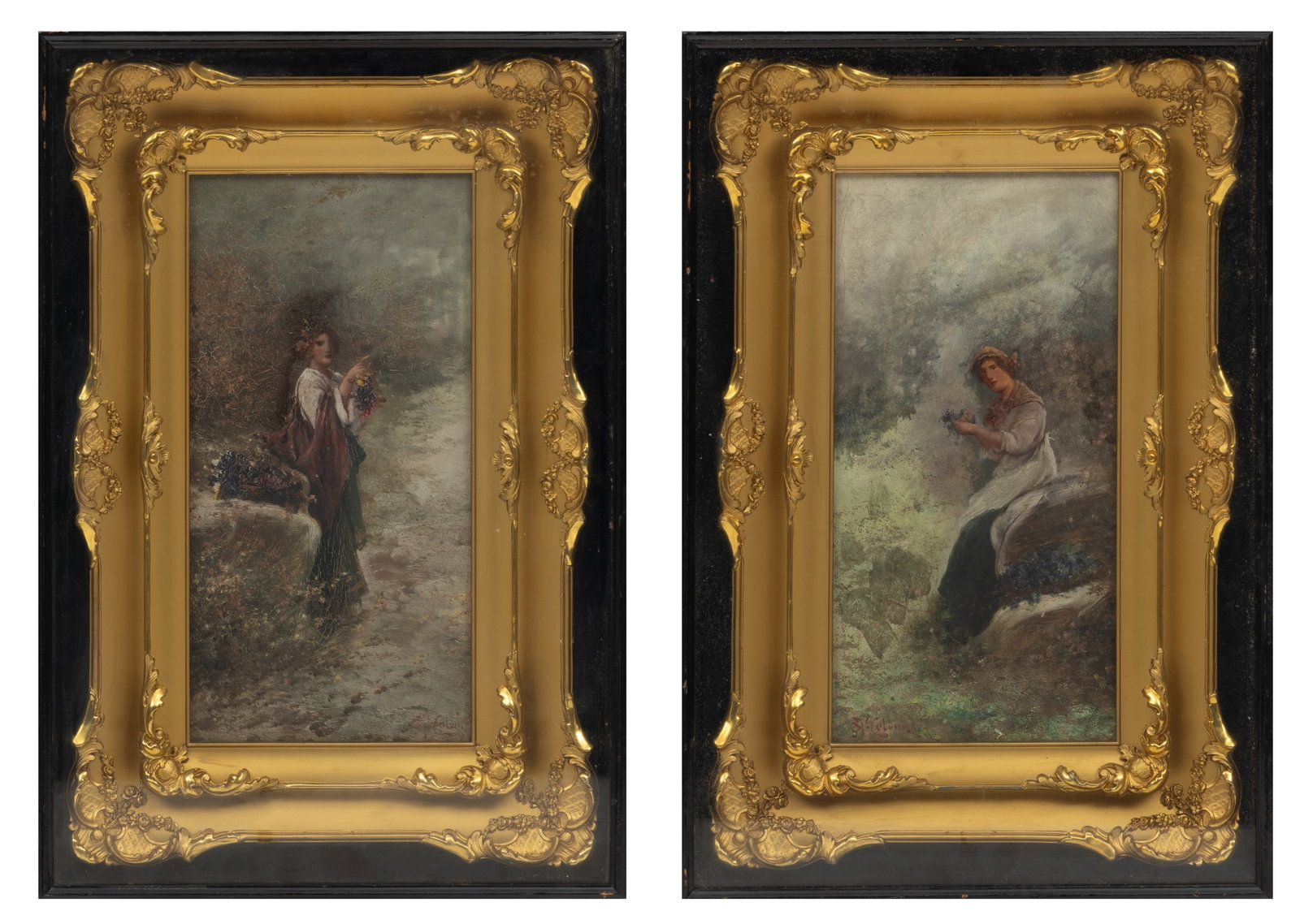 J. M. Colvin (British) Oils on Boards 19th Cent., 'Landscapes with Young Women Holding Flowers', H (1 of 11)