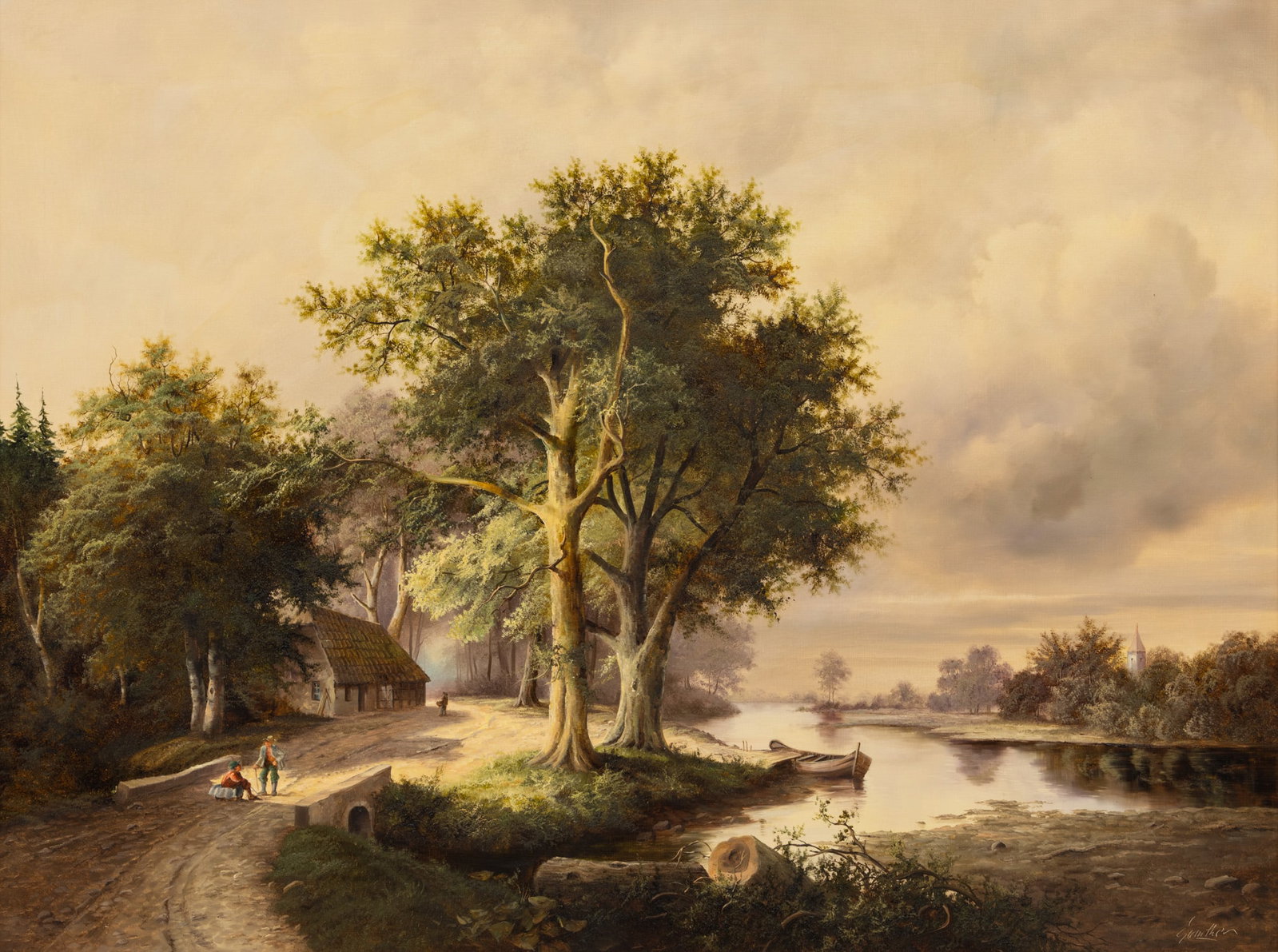 German Oil on Canvas, Signed Gunther, Ca. 1950-70, 'Riverscape with a Country Road', H 29.25" W 39": German Oil on Canvas, Signed Gunther, Ca. 1950-70, 'Riverscape with a Country Road', H 29.25" W 39" Signed lower right. Charming scene of a German country road with two figures conversing on a small b