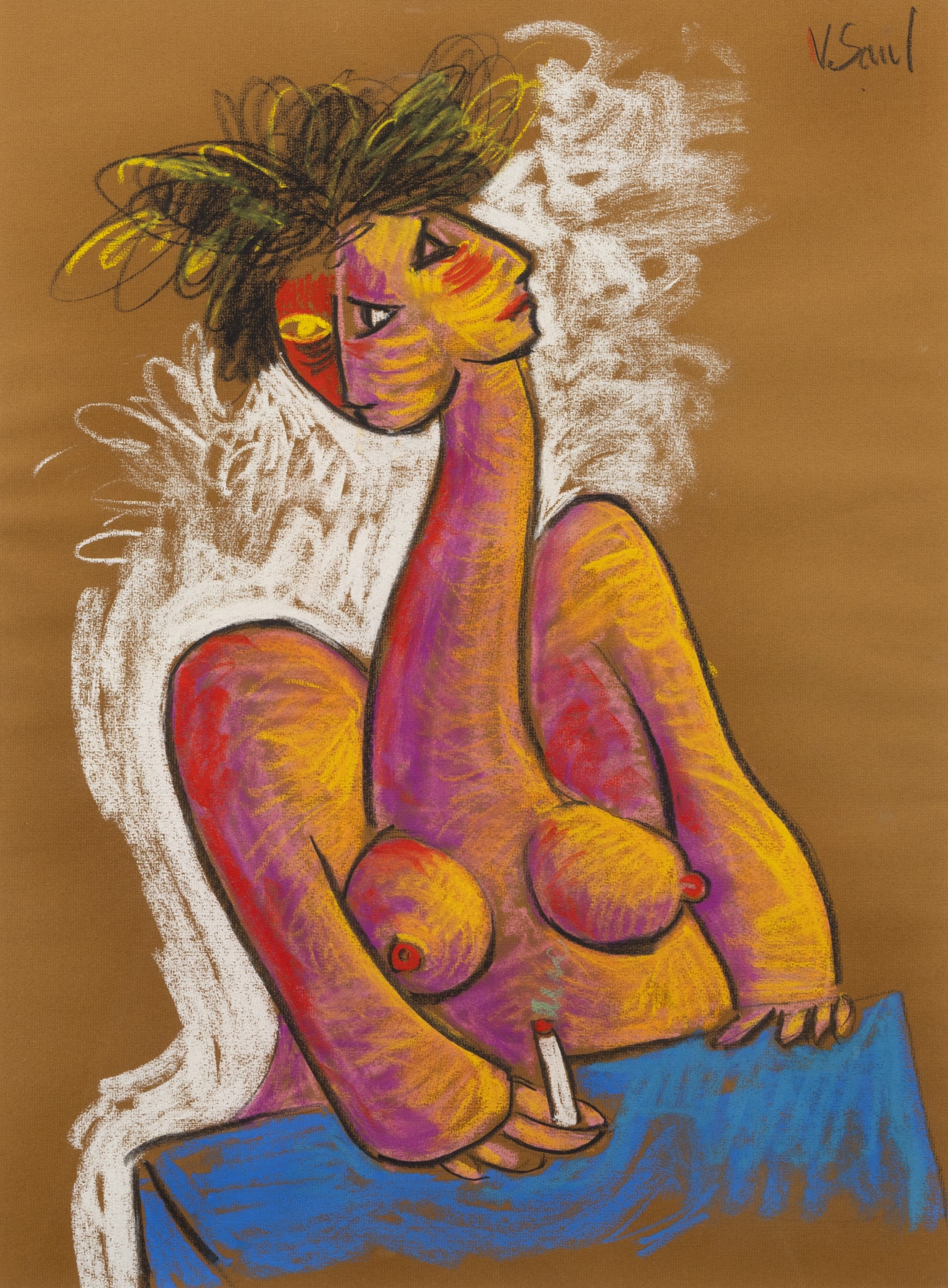 V. Saul (Argentinian, 20th C.) Pastel on Paper, Neo Expressionist Style Portrait, 20th C., H 25.5" W (1 of 7)