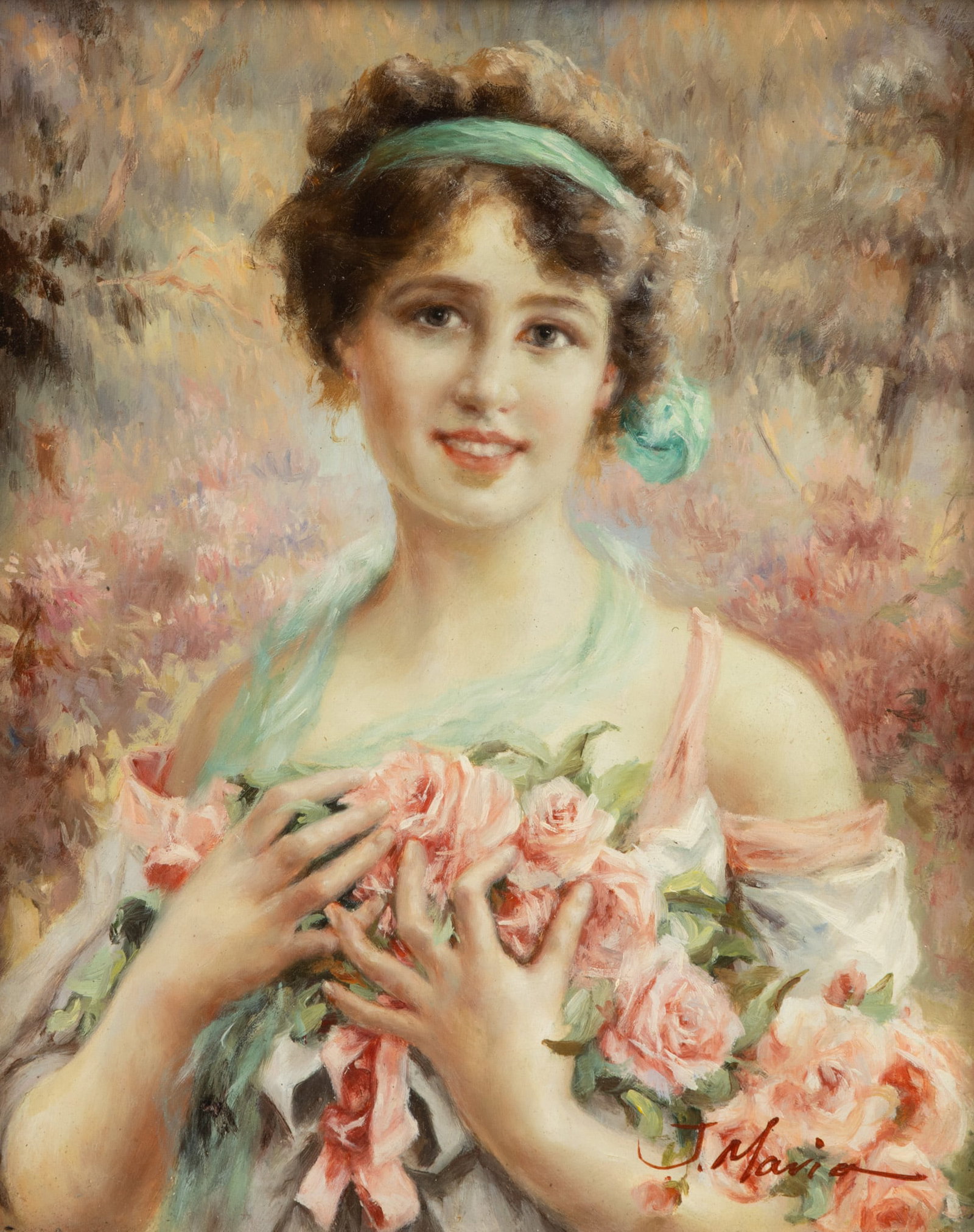 J. Maria Oil on Board, Later 20th C., 'Portrait of a Young Woman', H 9" W 7": J. Maria Oil on Board, Later 20th C., 'Portrait of a Young Woman', H 9" W 7" Signed J. Maria lower right. Portrait of a young woman in a rose garden setting, holding a garland of roses. Having a giltw