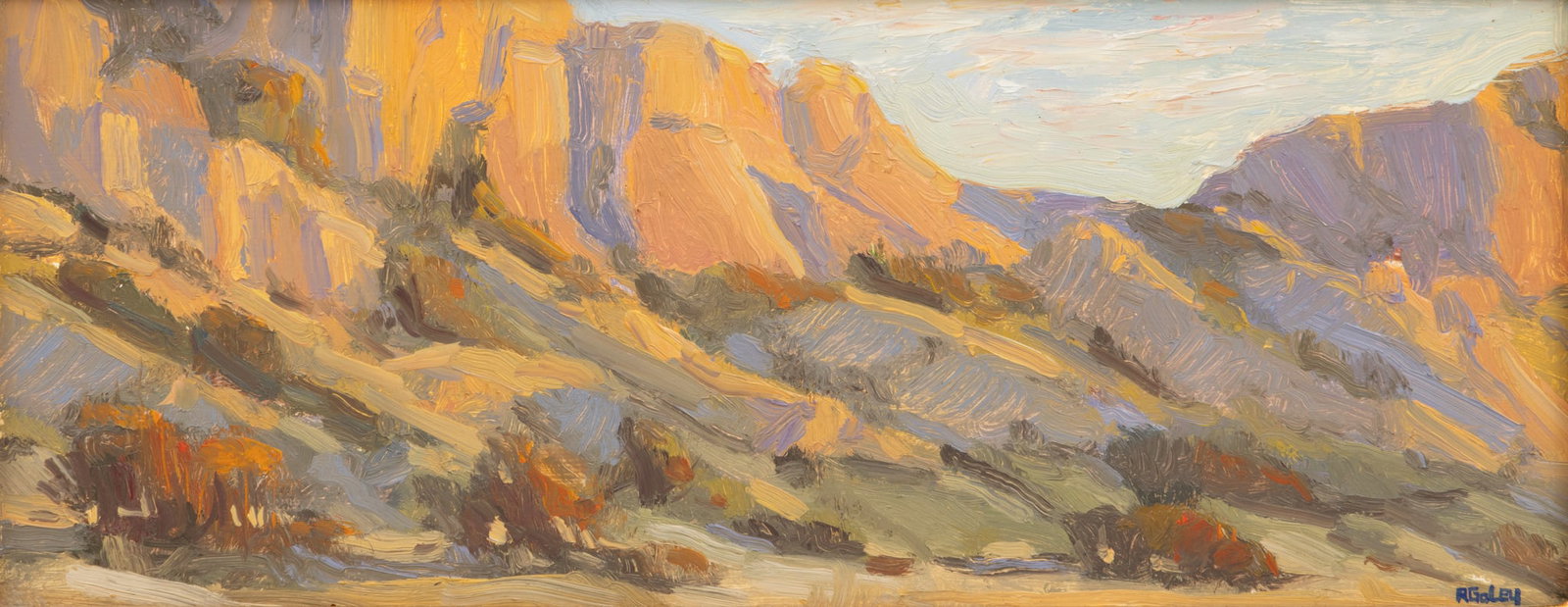 Reid Galey (American, 1969-2010) Oil on Board 'Canyon Scene', H 4.5" W 11.25": Reid Galey (American, 1969-2010) Oil on Board 'Canyon Scene', H 4.5" W 11.25" Signed lower right. Late afternoon view of canyon walls. Having a giltwood frame. Dimensions: H 4.5" W 11.25" Frame 