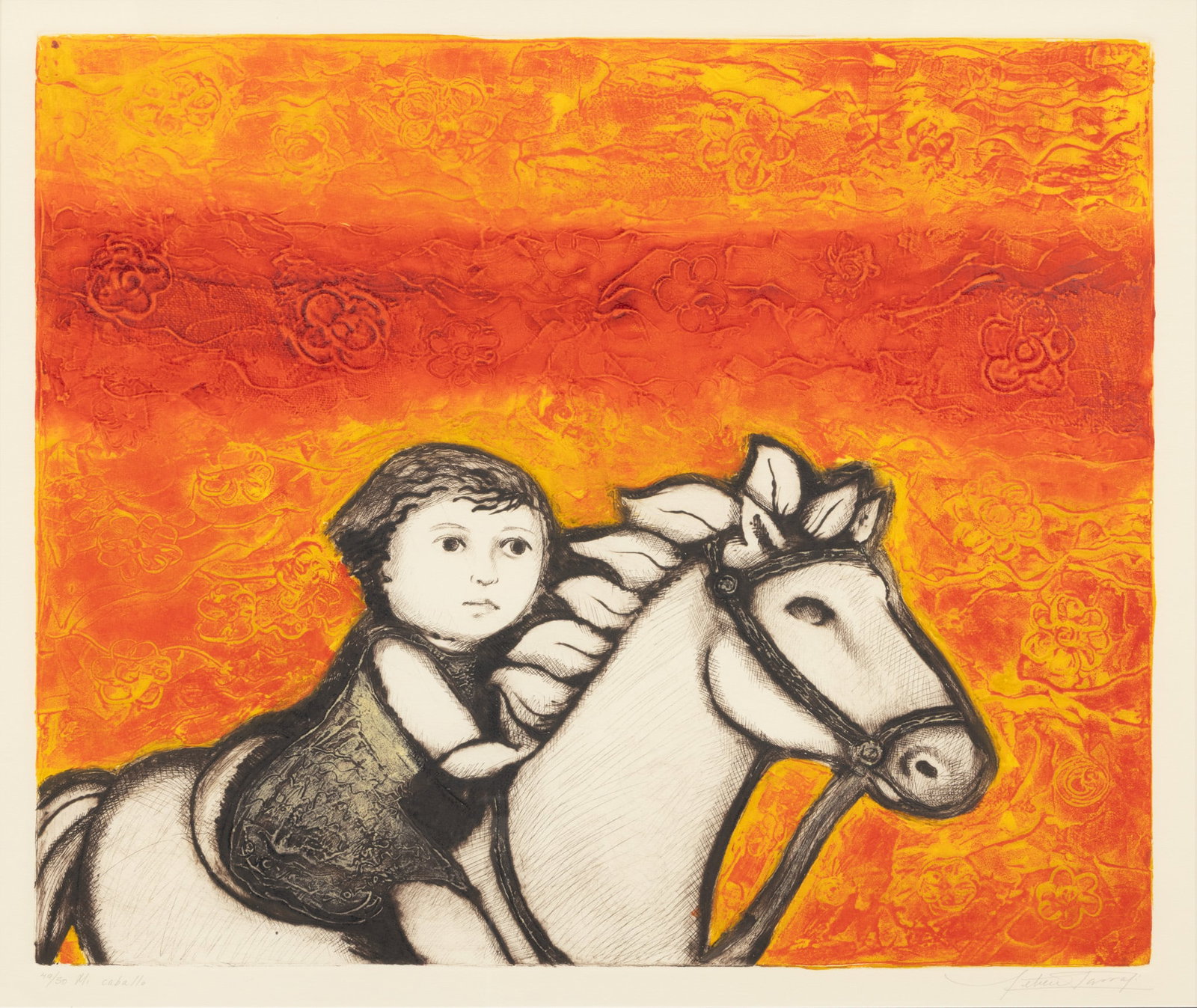 Leticia Tarrago (Mexican, B. 1940) Color Etching on Paper, 'Mi Caballo', H 19" W 23": Leticia Tarrago (Mexican, B. 1940) Color Etching on Paper, 'Mi Caballo', H 19" W 23" Pencil signed lower right, titled lower left with an edition of 49/50. Matted and framed under glass. Dimensi