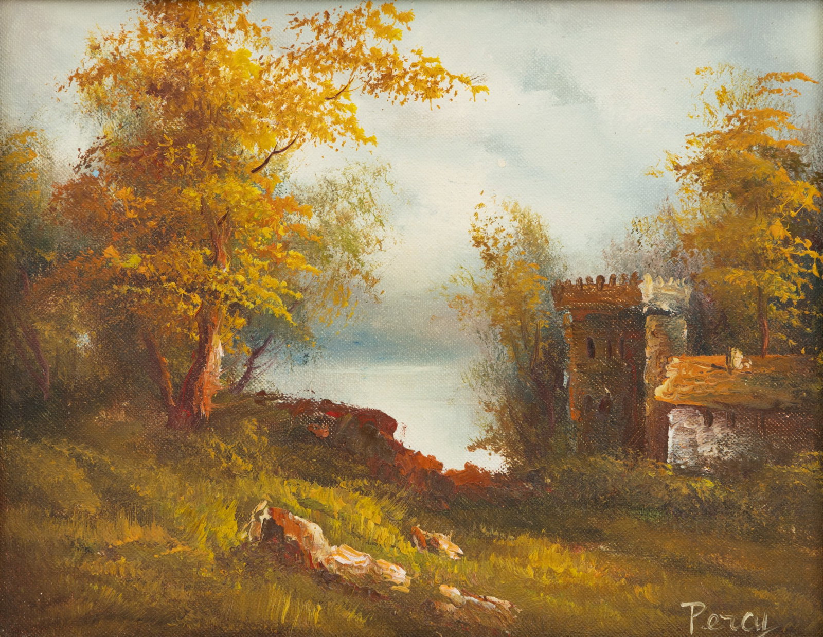 Oil on Canvas, Ca. 20th C., 'Landscape with Castle', H 7.5" W 9": Oil on Canvas, Ca. 20th C., 'Landscape with Castle', H 7.5" W 9" Signed Percy lower right. A landscape depicting a small stone castle and a body of water in the background. Dimensions: H 7.5" W 9" Fra