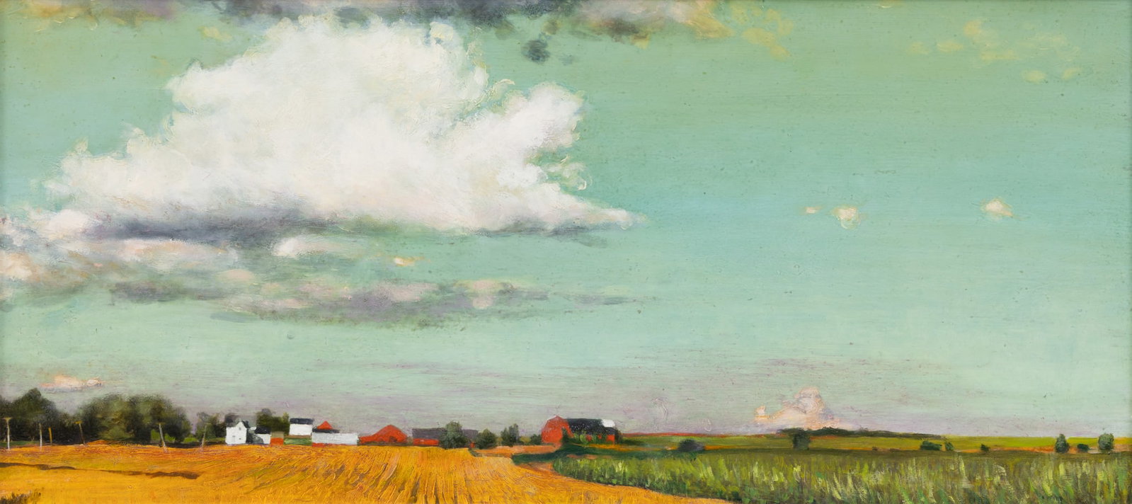 American Oil on Board, Later 20th C., 'Farm Landscape', H 10.25" W 22.5": American Oil on Board, Later 20th C., 'Farm Landscape', H 10.25" W 22.5" Unsigned. A rather pleasant oil on board depicting midwestern farmlands under a partially cloudy sky. Having a giltwood frame.&