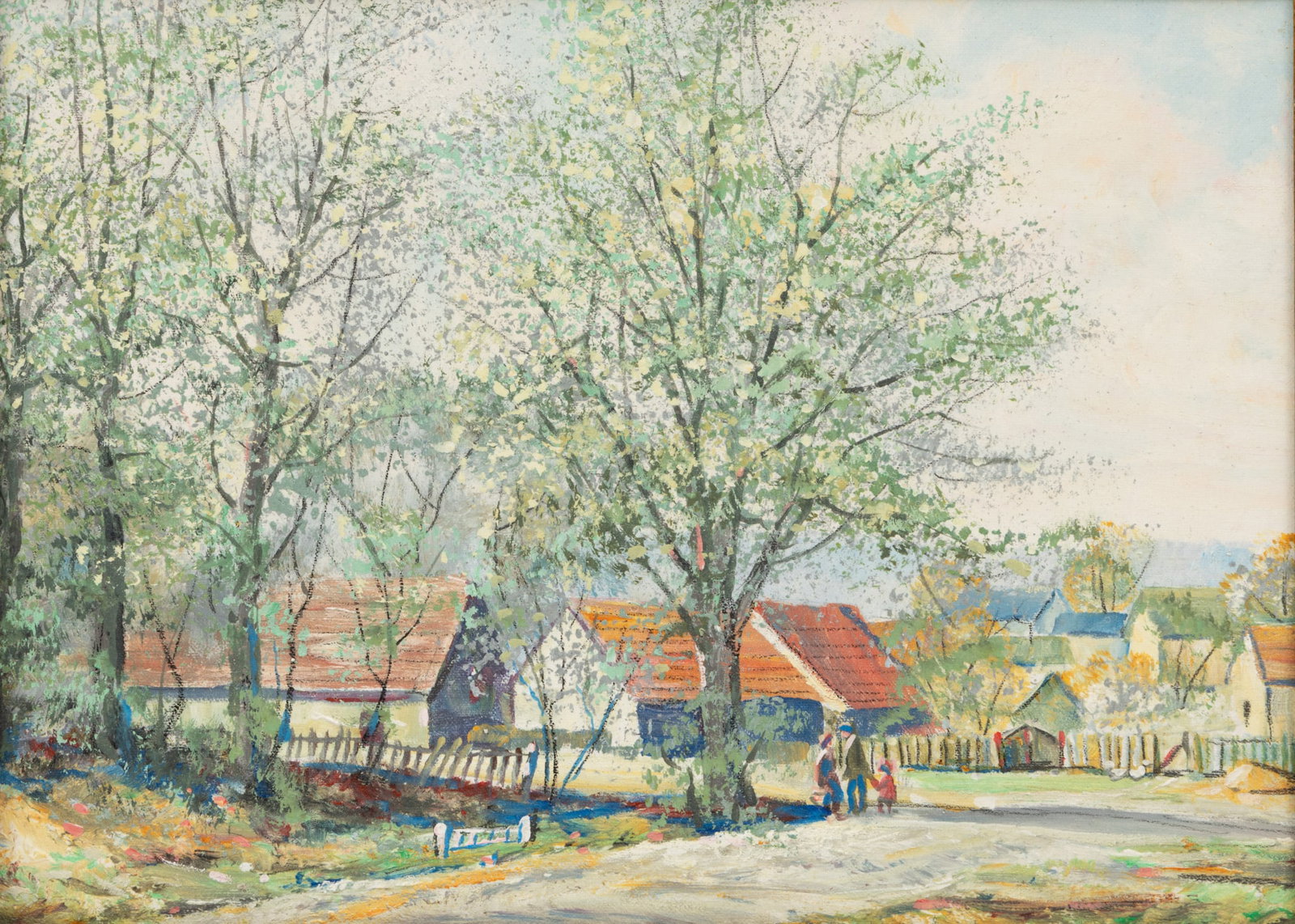 Oil on Canvas, Later 20th C., 'Villagescape', H 11" W 15.25": Oil on Canvas, Later 20th C., 'Villagescape', H 11" W 15.25" Unsigned. Depicting a young couple and their child standing at street corner with a village behind them. Having a giltwood frame. Dim