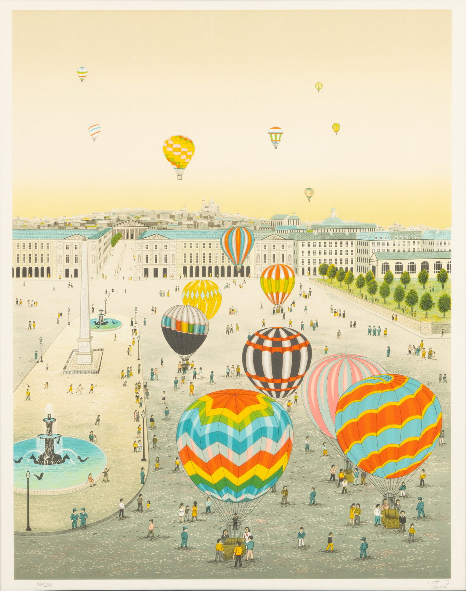 FANCH LEDAN (FR/AMER B1949) , SERIGRAPH,"HOT AIR BALLOONS" H 32'' W 24'': FANCH LEDAN (FR/AMER B1949) , SERIGRAPH,"HOT AIR BALLOONS" H 32'' W 24'' Depicts hot air balloons flying over a large city. Pencil signed lower right, #"250/350" lower left. Framed and matted under gl