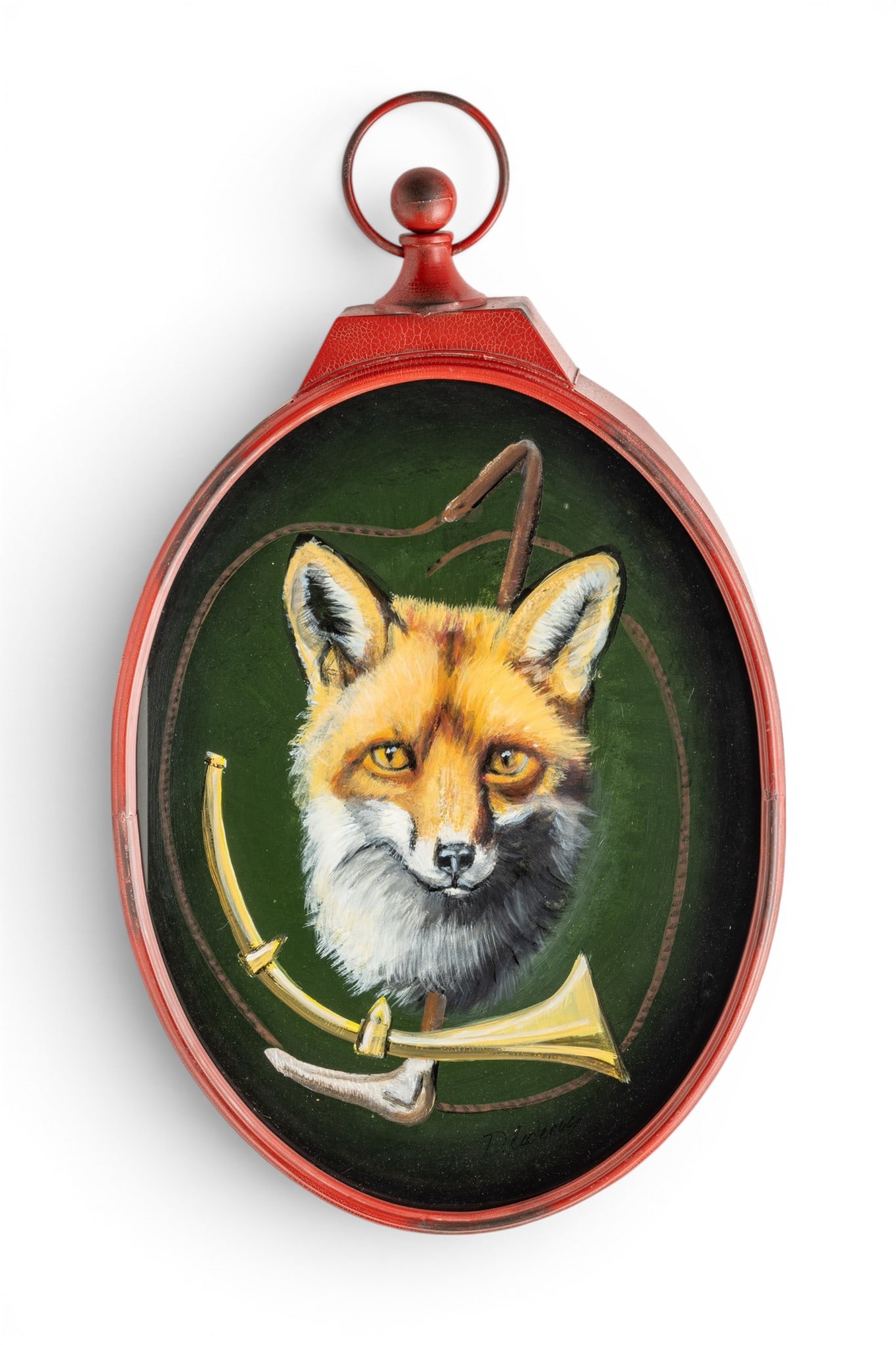 Debbie Cadenas (American/VA, 20th C.) Oil on Canvas in a Watchmaker Trade Sign 20th C., 'Red Fox (1 of 4)