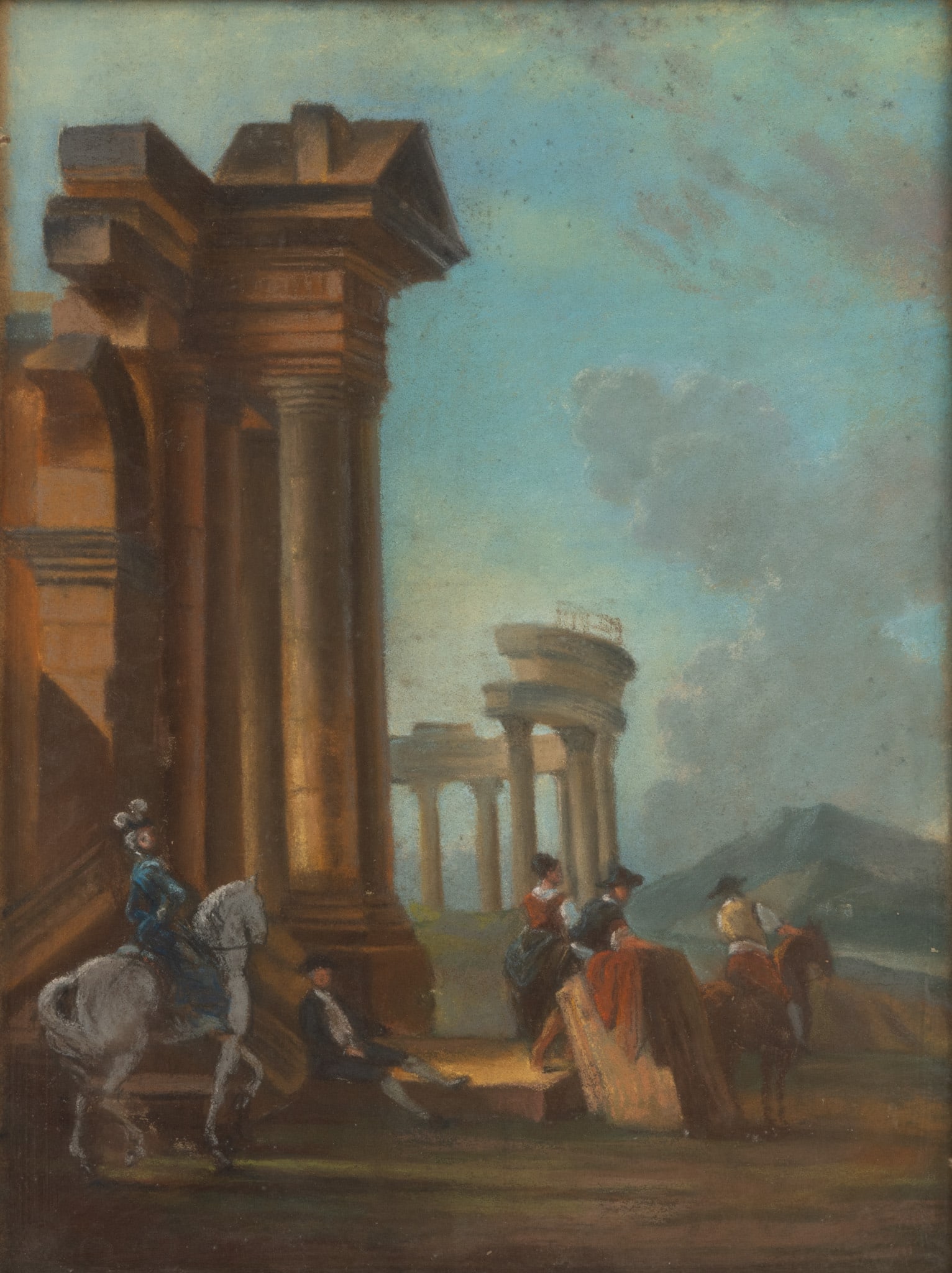 Attributed to Jean Pierre Louis Laurent Houel (French, 1735-1813) Pastel on Paper, Ca. 19th C.,: Attributed to Jean Pierre Louis Laurent Houel (French, 1735-1813) Pastel on Paper, Ca. 19th C., 'Roman Ruins', H 18" W 13.5" Unsigned. Depicting a noble couple and three locals amongst Roman ruins. Fr