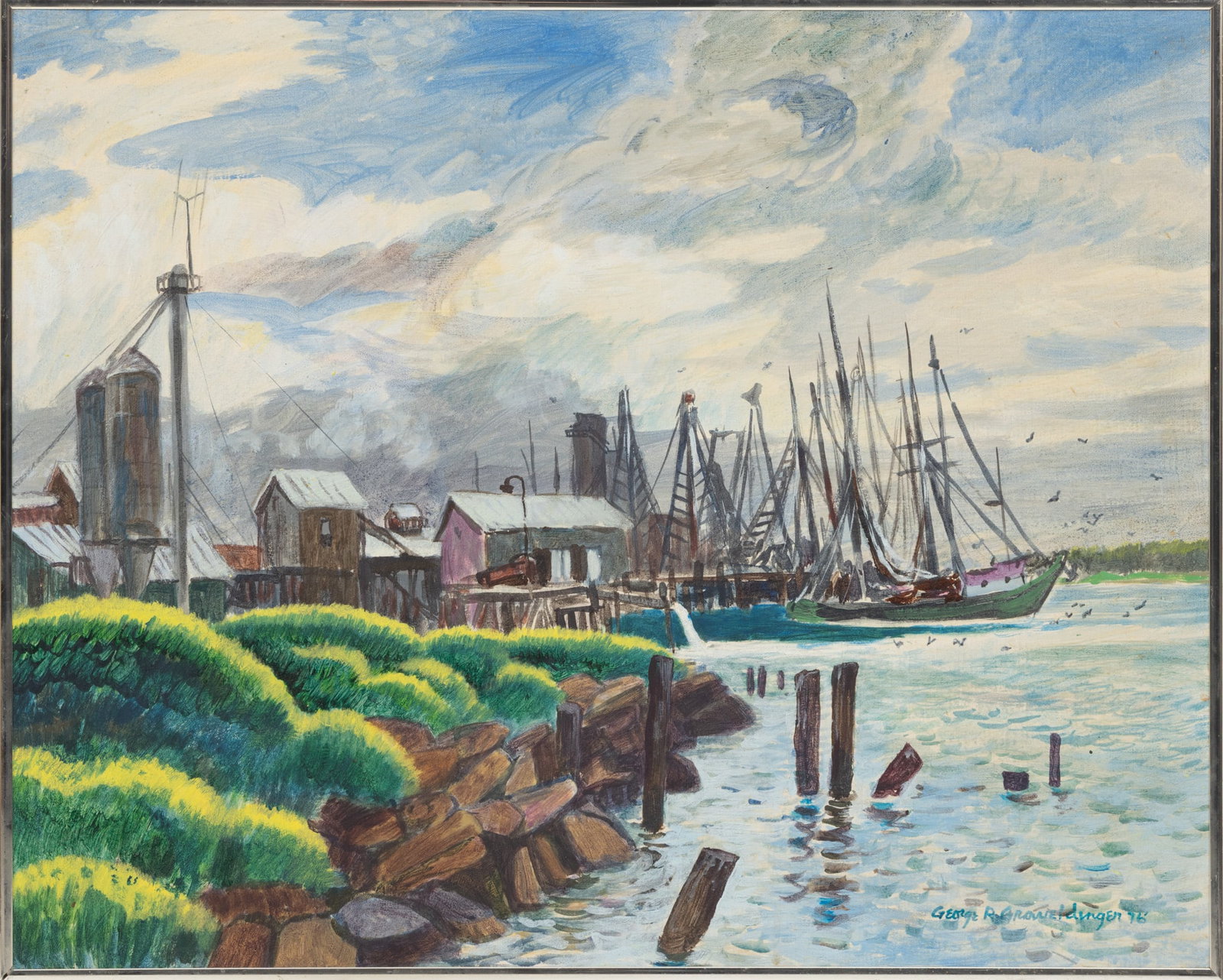 George R. Graveldinger (American/Michigan, B. 1927) Oil on Canvas, 1976, 'Detroit River Dock Scene', (1 of 4)