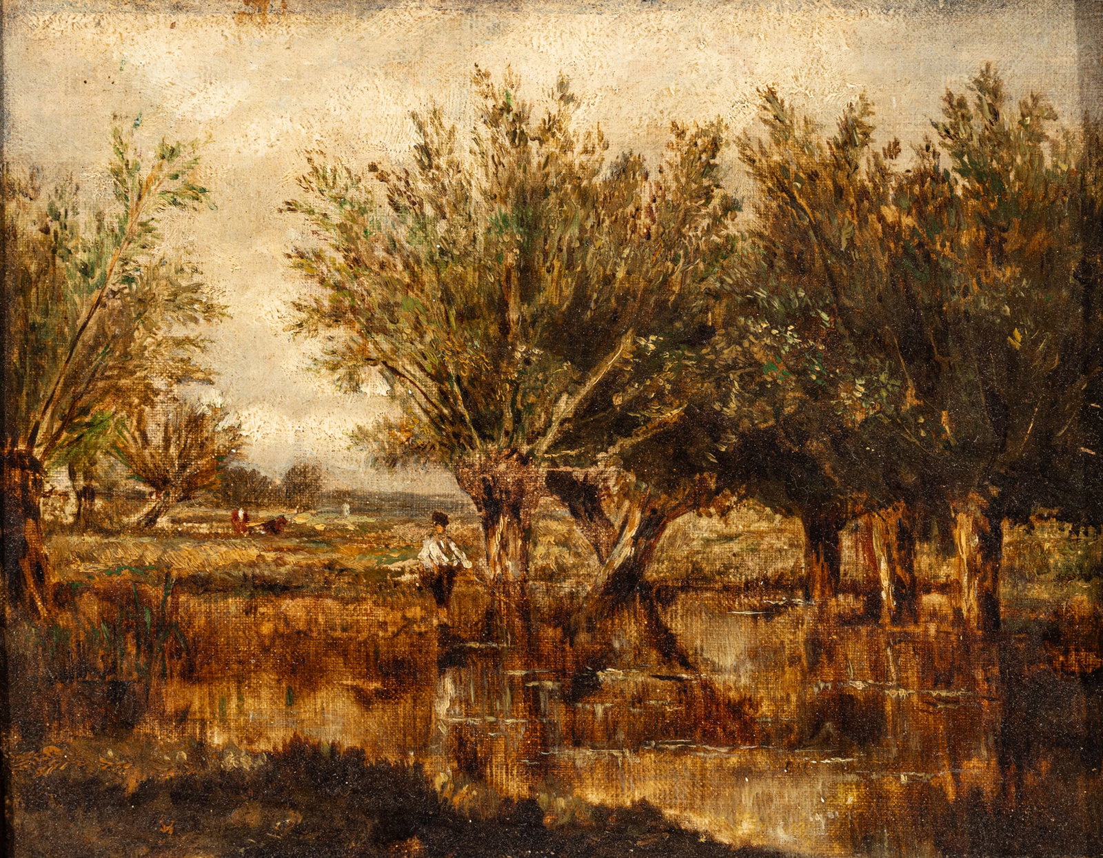 English Oil on Canvas, Ca. Early 20th C., 'Figure at a Treelined Pond', H 8" W 10": English Oil on Canvas, Ca. Early 20th C., 'Figure at a Treelined Pond', H 8" W 10" Unsigned. Depicting a lone figure standing at the edge of a treelined pond. Cows at pasture in the background. Having