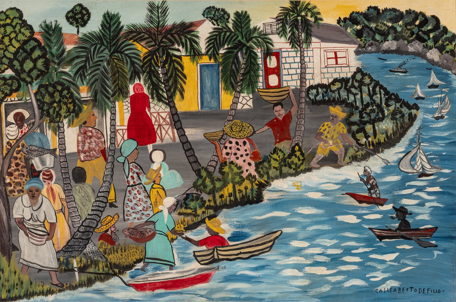 Dominican Folk Art Acrylic on Canvas, 20th C., 'La Pesca', H 23.5" W 35.5": Dominican Folk Art Acrylic on Canvas, 20th C., 'La Pesca', H 23.5" W 35.5" Dominican folk art painting by an artist named Geraldo, painted or sold from a workshop on Calle Aberto Defillo, Santa Doming