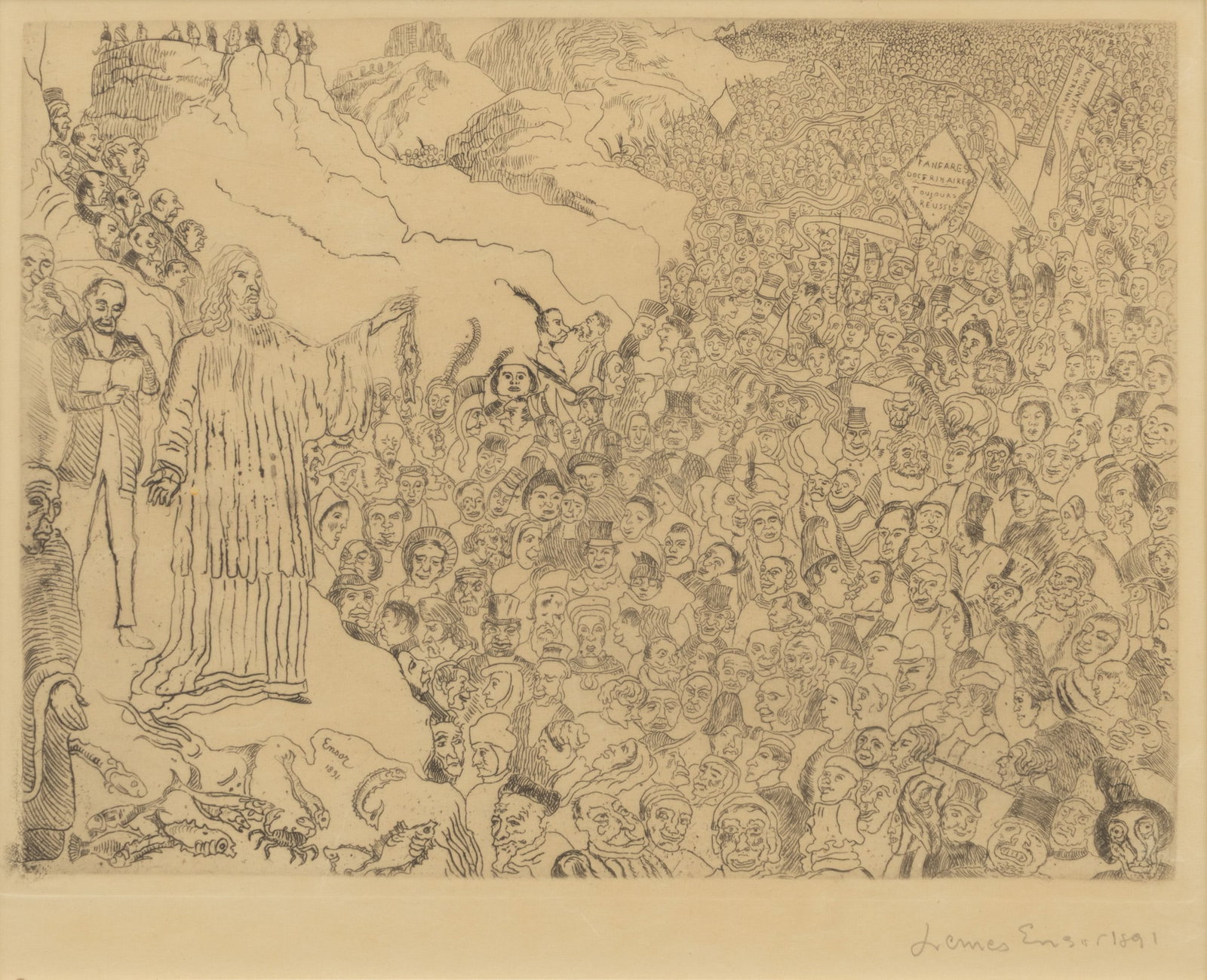 James Sidney Ensor (Belgian, 1860-1949) Etching on Paper, Ca. 1891, 'Feeding of the Five Thousand: James Sidney Ensor (Belgian, 1860-1949) Etching on Paper, Ca. 1891, 'Feeding of the Five Thousand (La Multiplication Des Poissons)', H 6.75" W 9" Pencil signed and dated lower right. Matted and framed