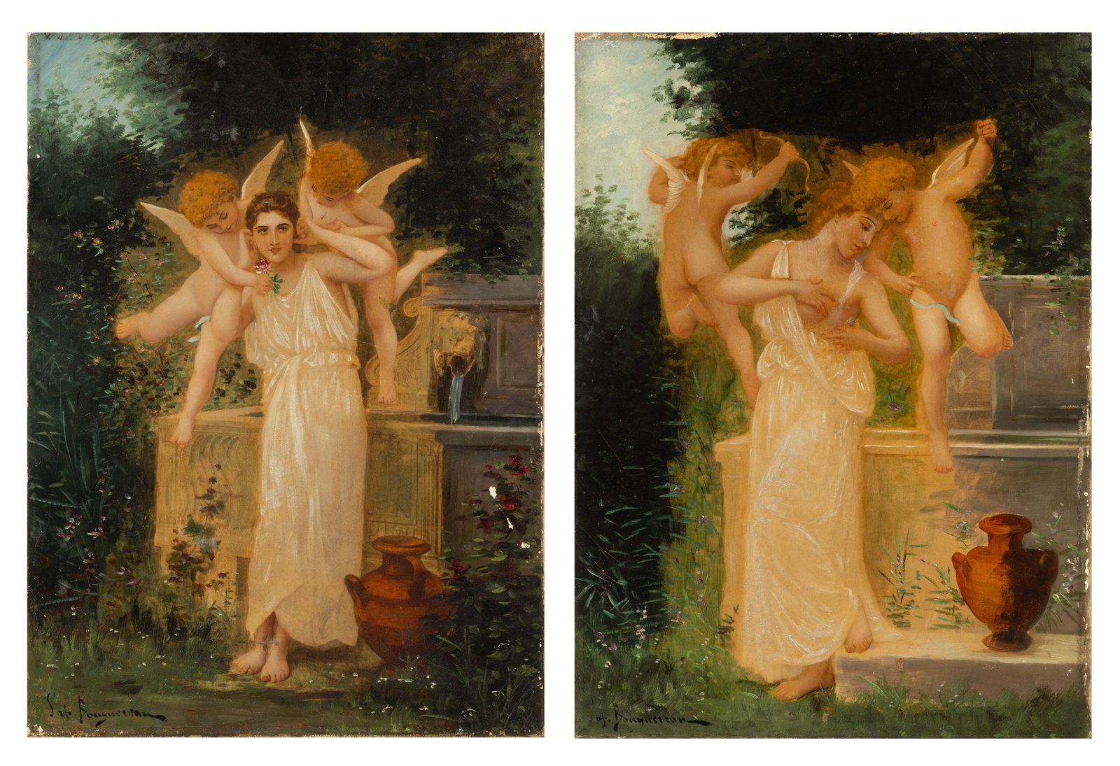 After Bouguereau Oil on Canvas 'Angels with Young Woman', H 13" W 9.5" 1 PAIR (1 of 11)