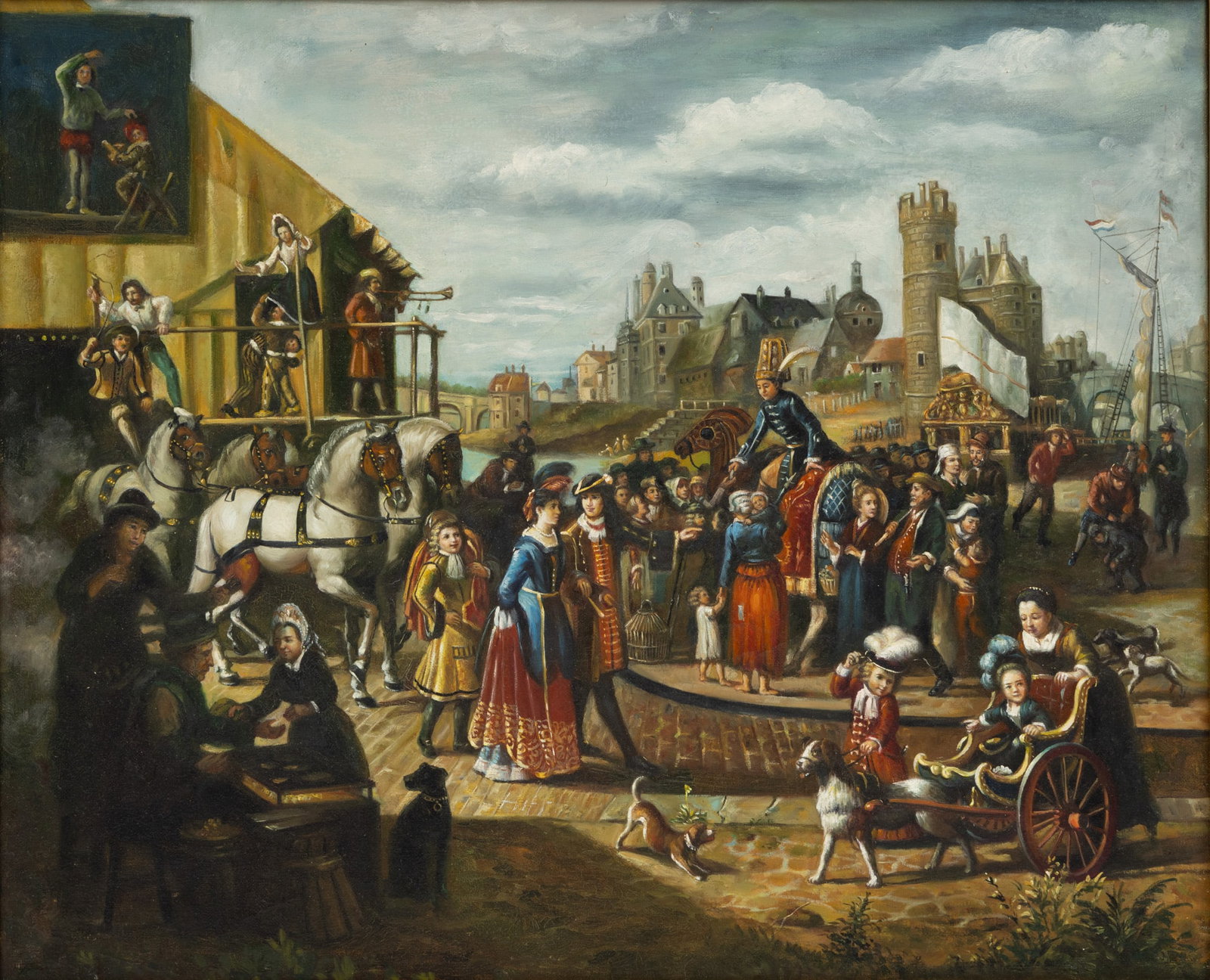 After Matthijs Naiveu (Dutch, 1647-1726) Oil on Canvas, 20th C., 'Carnival Scene', H 17" W 21": After Matthijs Naiveu (Dutch, 1647-1726) Oil on Canvas, 20th C., 'Carnival Scene', H 17" W 21" Unsigned. Festive city scene of noble and common folk gathering for a stage performance. Having a giltwoo