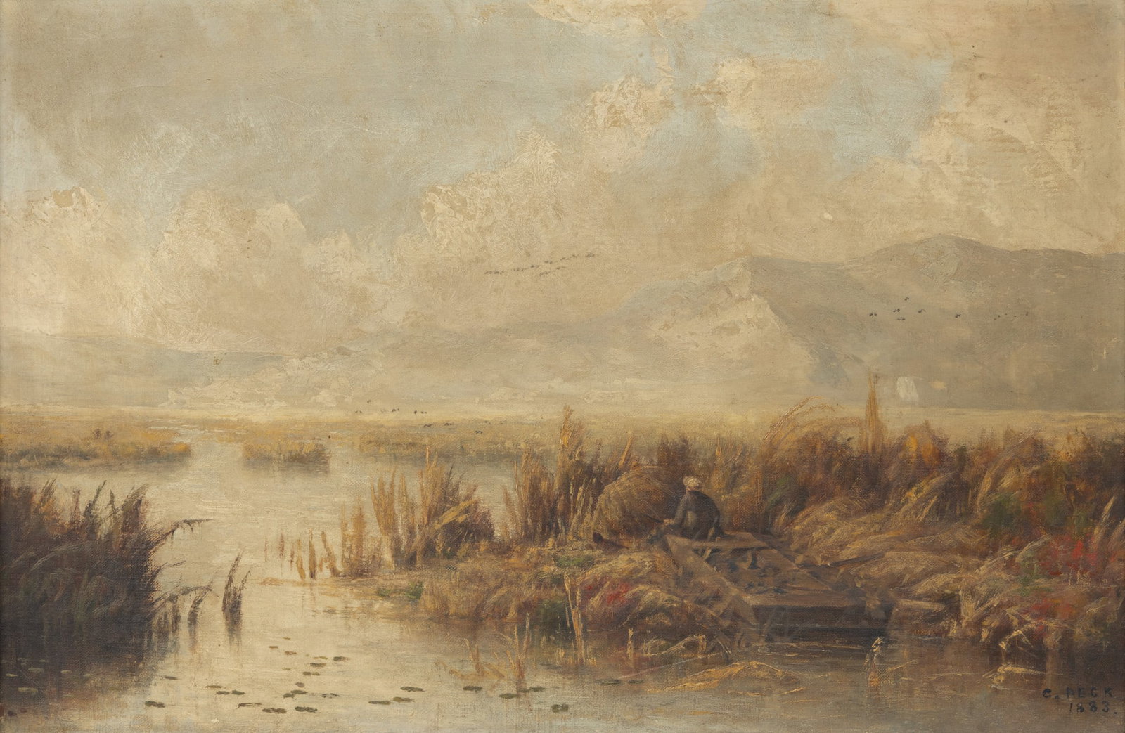 Charles E. Peck (American, 1827-1900) Oil on Canvas, 1883, 'Hunter in Marshlands', H 16" W 24": Charles E. Peck (American, 1827-1900) Oil on Canvas, 1883, 'Hunter in Marshlands', H 16" W 24" Signed and dated lower right. Depicting a hunter seated on the edge on his rowboat surrounded by reeds, l