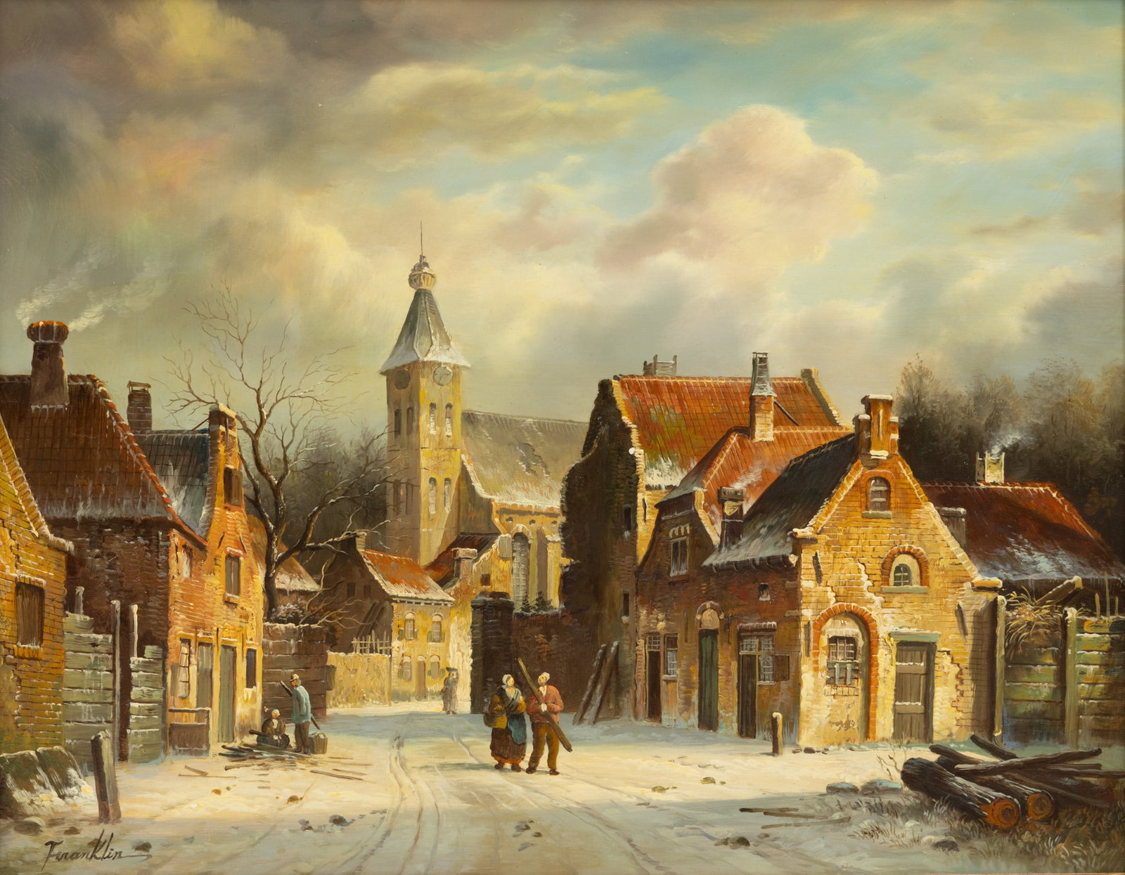 Belgian Oil on Panel, Later 20th C., 'Winter Village Scene', H 15.5" W 19": Belgian Oil on Panel, Later 20th C., 'Winter Village Scene', H 15.5" W 19" Signed Franklin lower left. Belgian winter village scene with figures gathering firewood. Having a giltwood frame. Dime