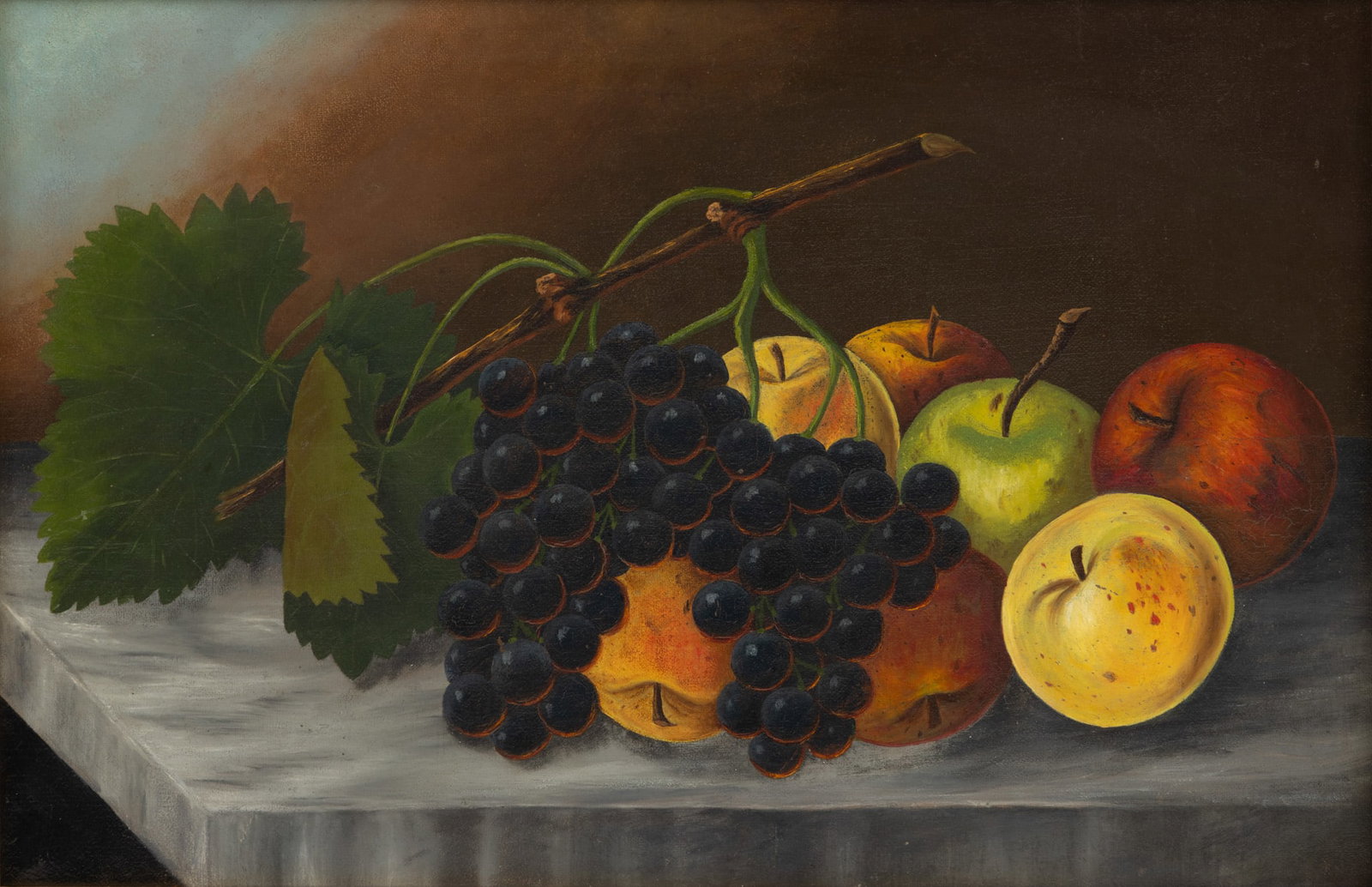 American Oil on Canvas, Ca. 19th C., 'Still Life with Grapes and Apples', H 12" W 18": American Oil on Canvas, Ca. 19th C., 'Still Life with Grapes and Apples', H 12" W 18" Monogrammed in red JAH lower left (obscured by the framing). Still life with grapes and apples atop a stone table.